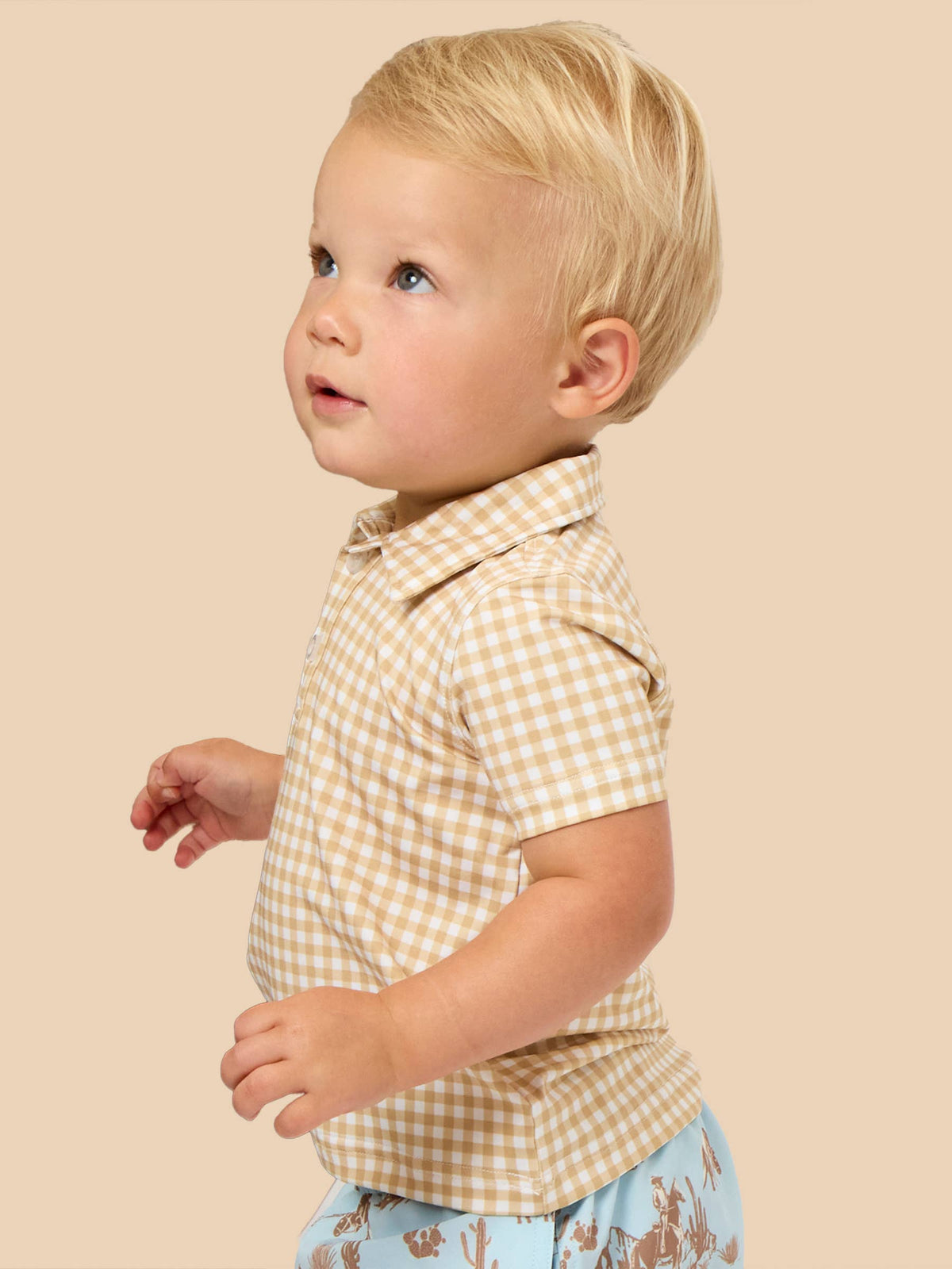 Boys Khaki Mini Gingham Knit Short Sleeve Performance Polo