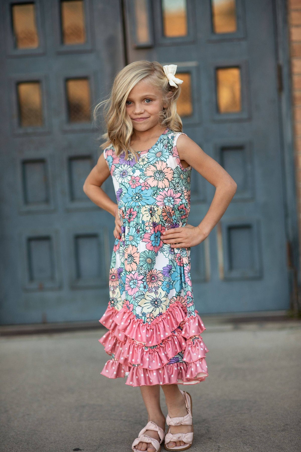 Girls Pastel Pink Floral 3 Ruffle Spring Summer Easter Dress