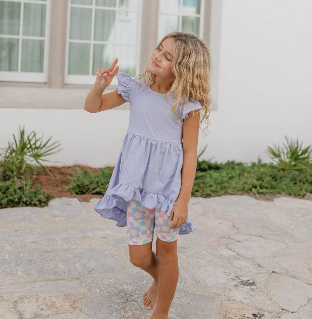 Girls Purple Periwinkle Pastel Spring Check Hi-Lo Short Set