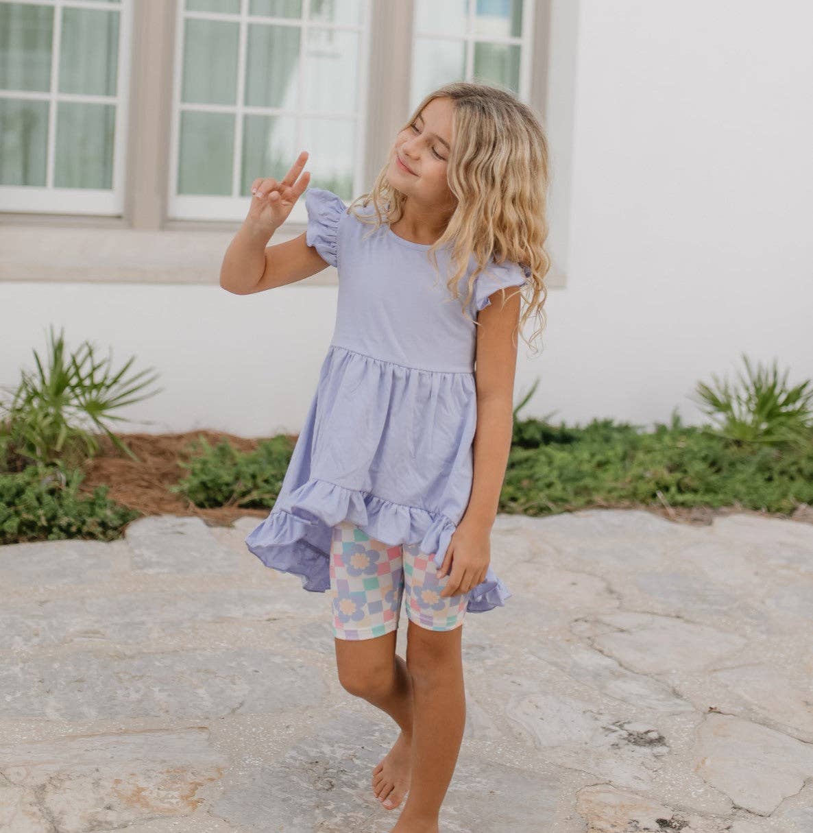 Girls Purple Periwinkle Pastel Spring Check Hi-Lo Short Set