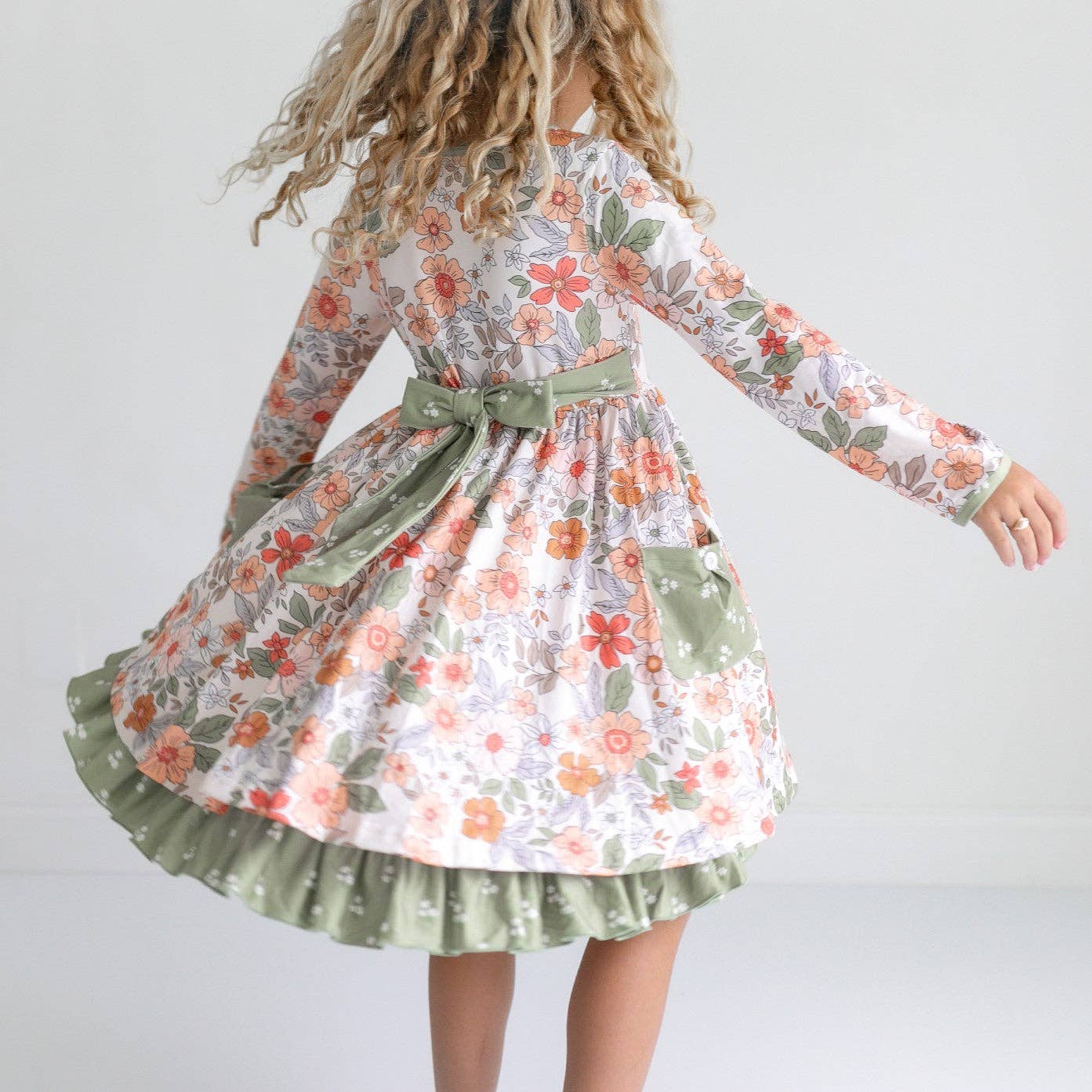 Kids Sage & Rust Fall Floral Button Dress With Pockets