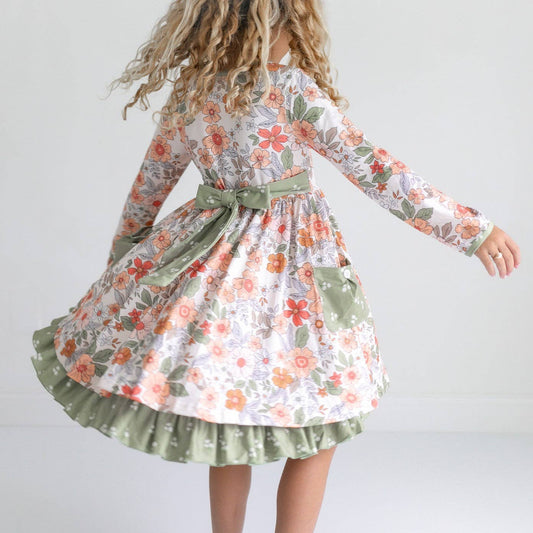 Kids Sage & Rust Fall Floral Button Dress With Pockets