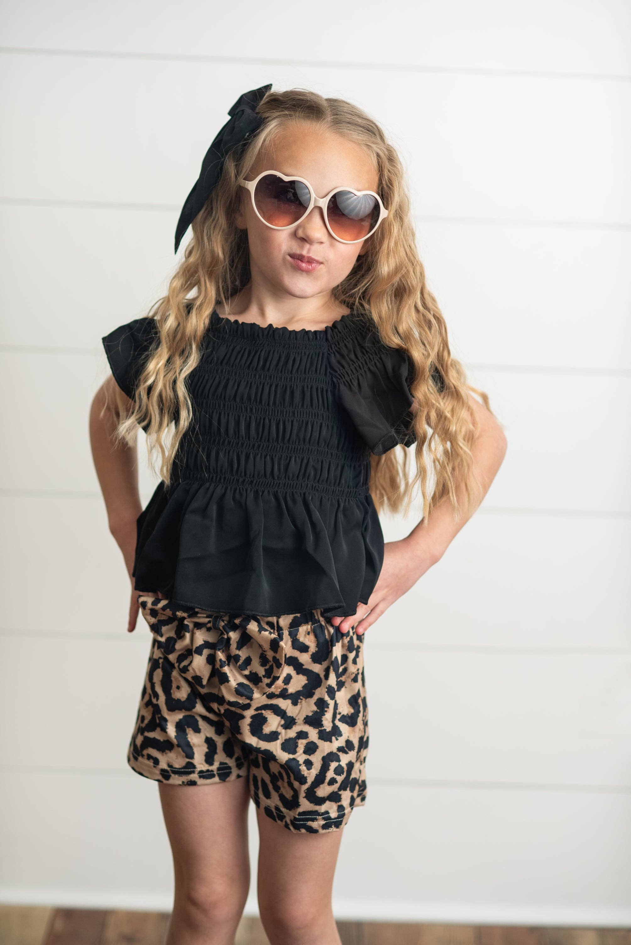 Girls Black Shirred Top & Leopard Print Bow Spring Short Set