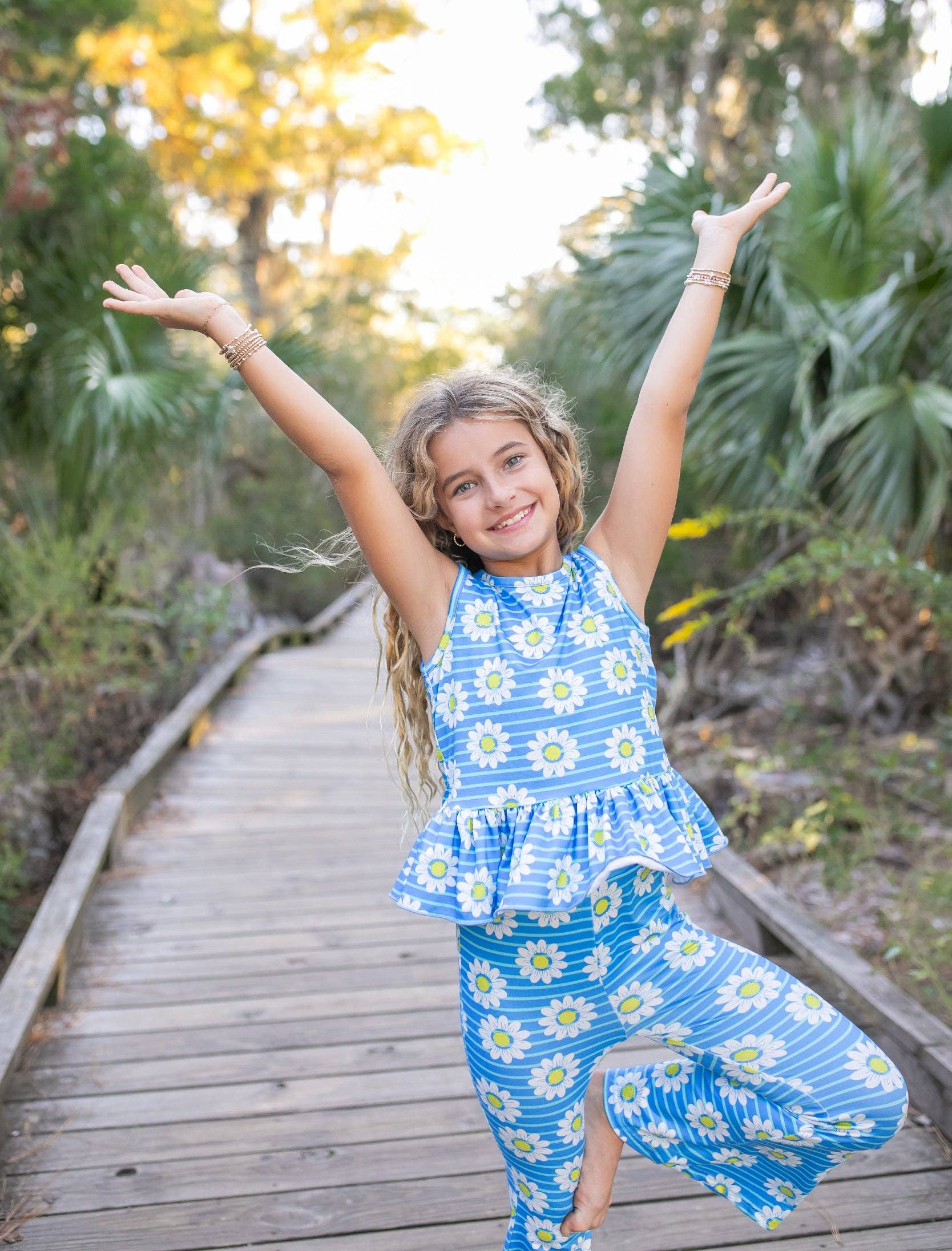 Girls Blue Striped Daisy Spring Summer Pant Set