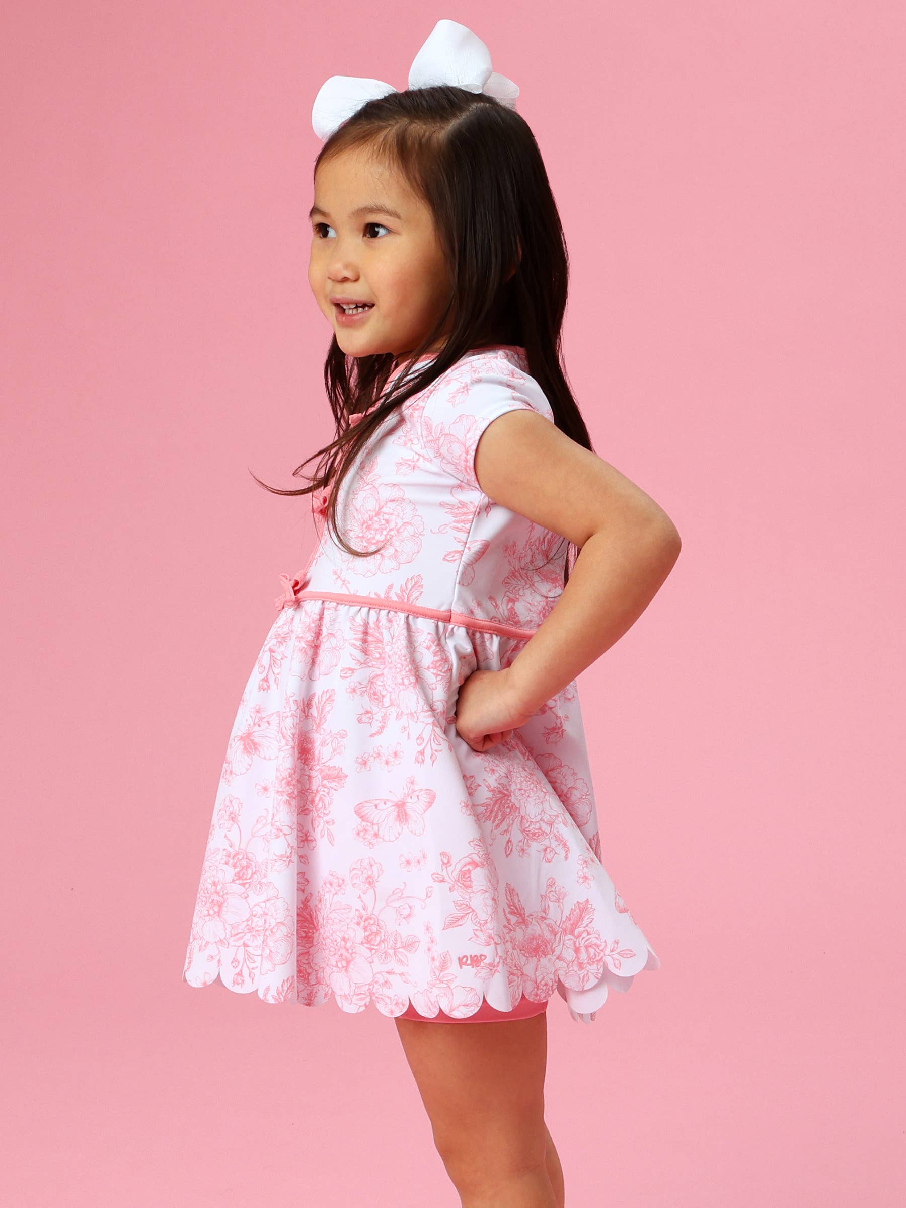 Girls Bubblegum Pink Butterfly Garden Toile Active Short Sleeve Bow Dress & Bike Short Set