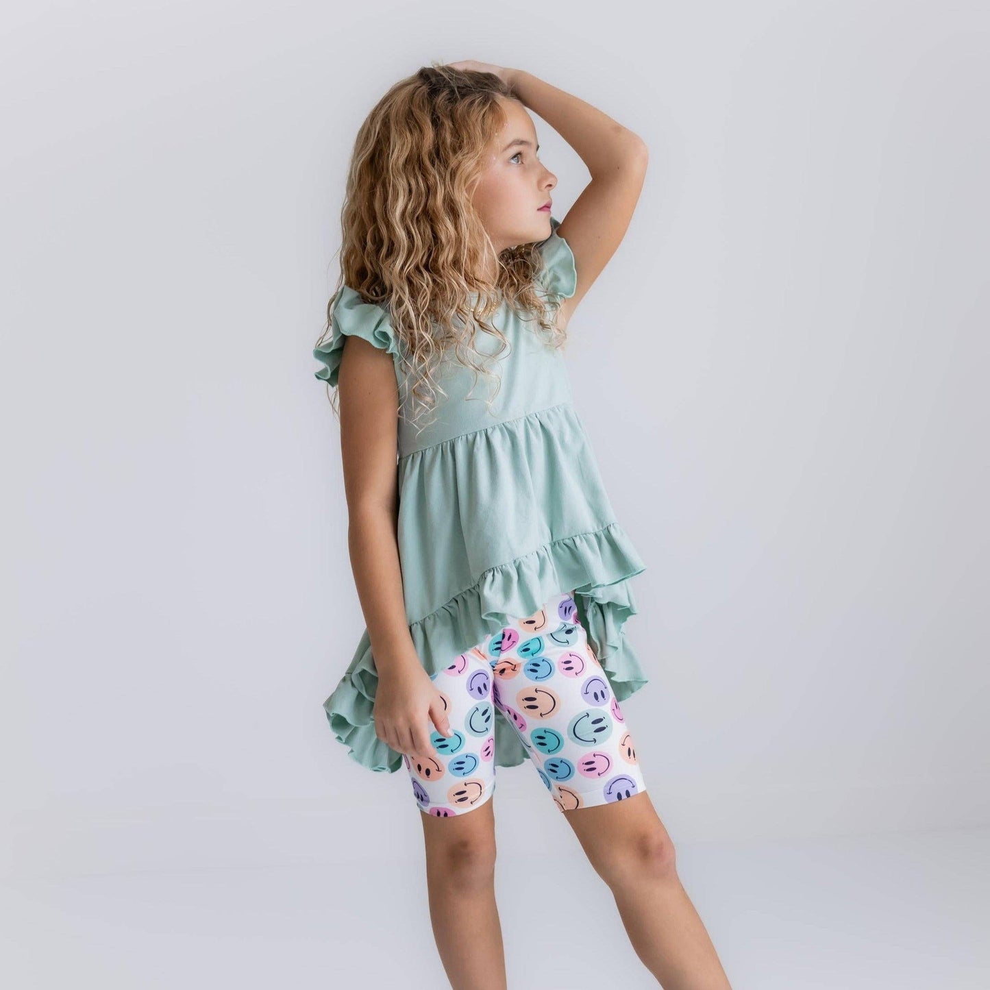 Kids Mint Green Smiley Face Hi Lo Spring Summer Short Set