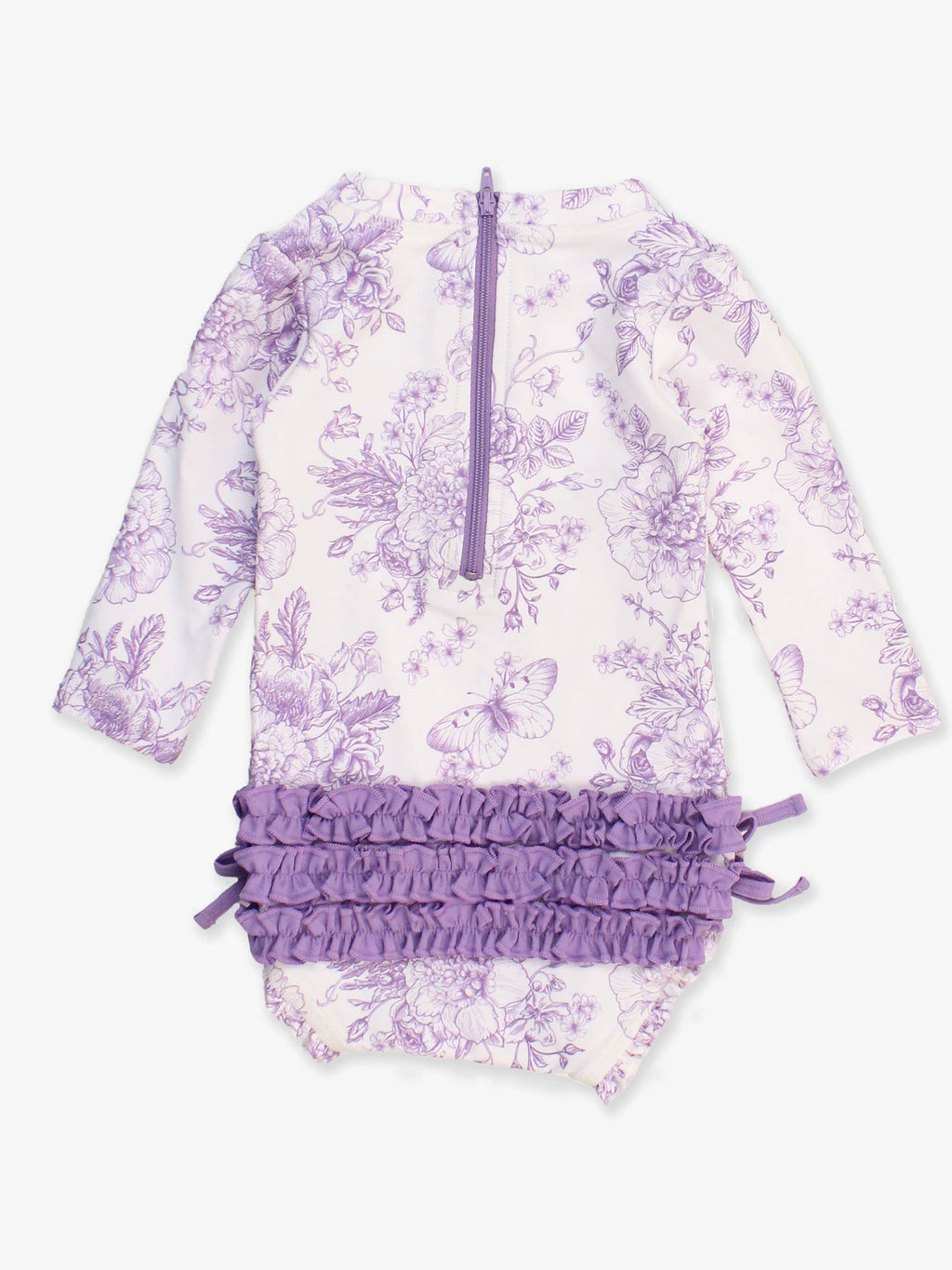 Baby Girls Wisteria Purple Butterfly Garden Toile Long Sleeve One Piece Rash Guard Swimsuit with Signature Rear Ruffles