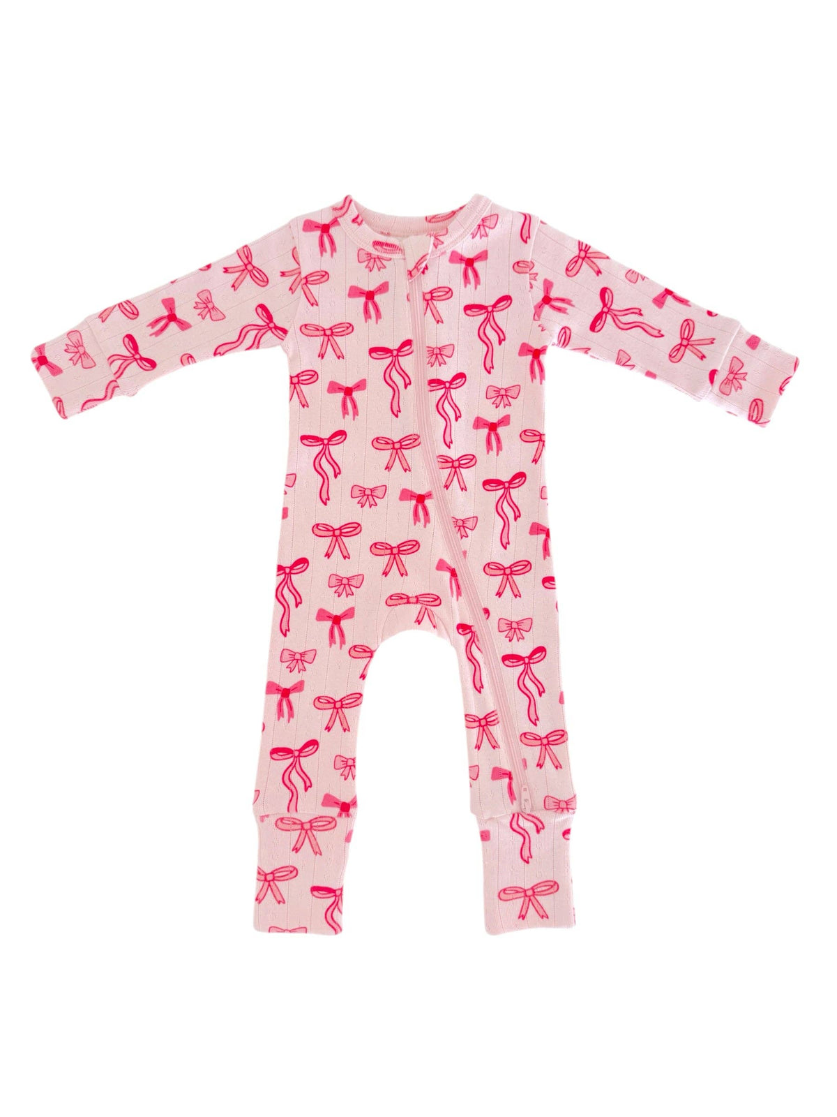 Pink Bows / Organic Pointelle 2-Way Zip Romper