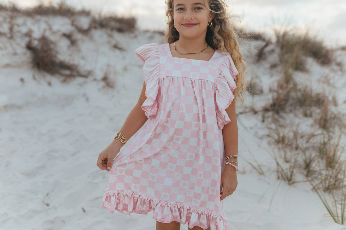 Girls Harper Pink Check Spring Summer Ruffle Dress