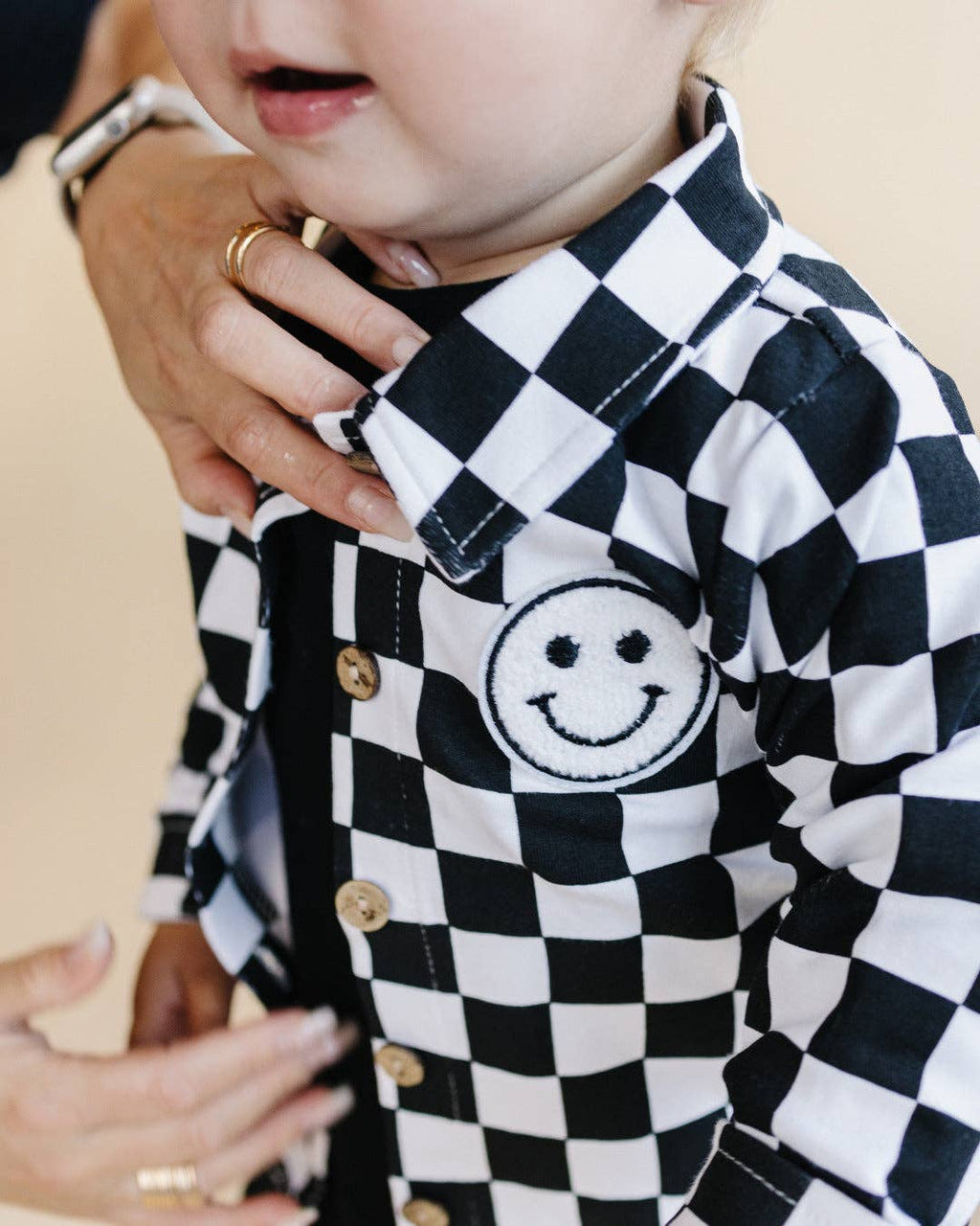 Baby & Kids Cotton Shacket| Smiley Checkered Black