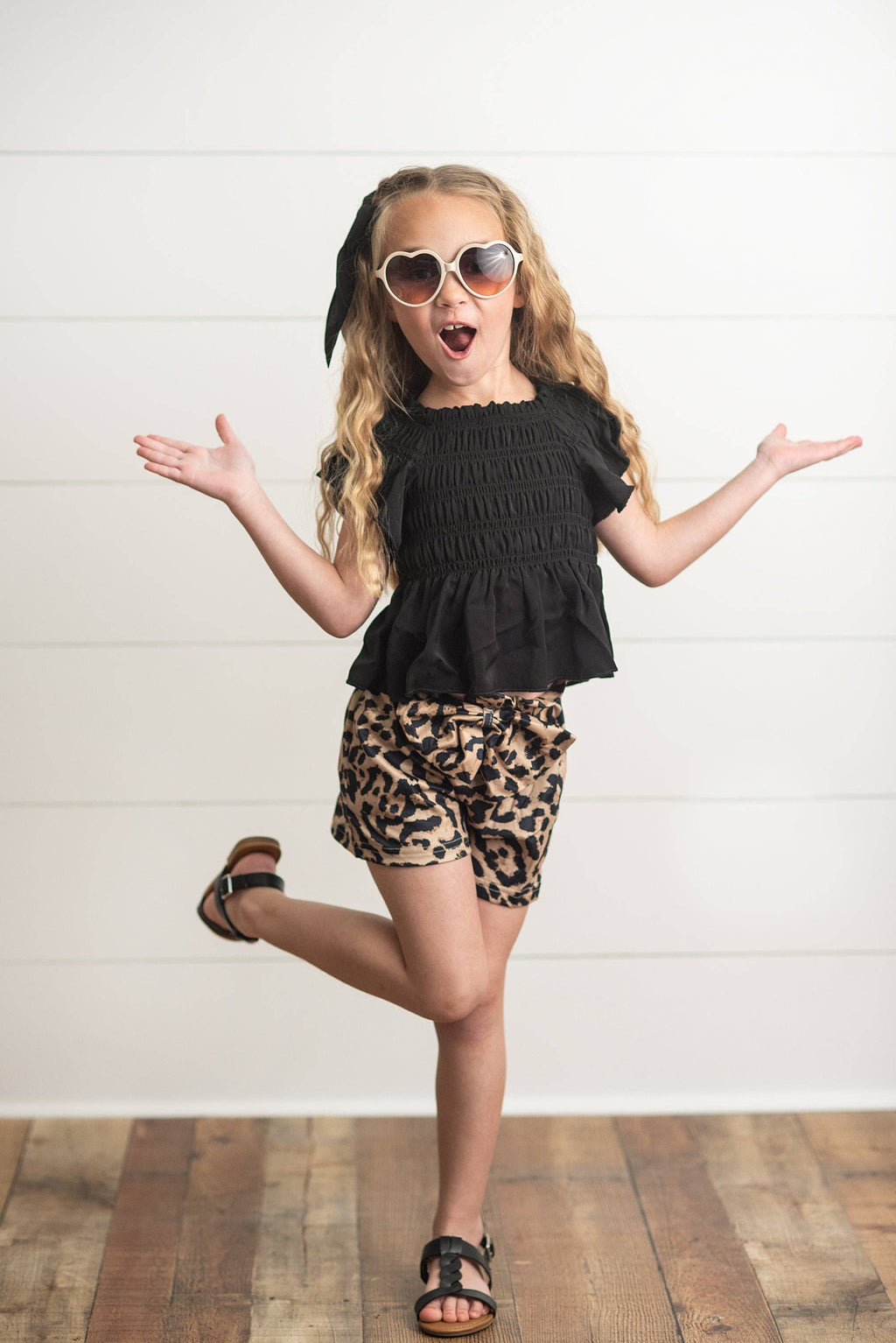 Girls Black Shirred Top & Leopard Print Bow Spring Short Set