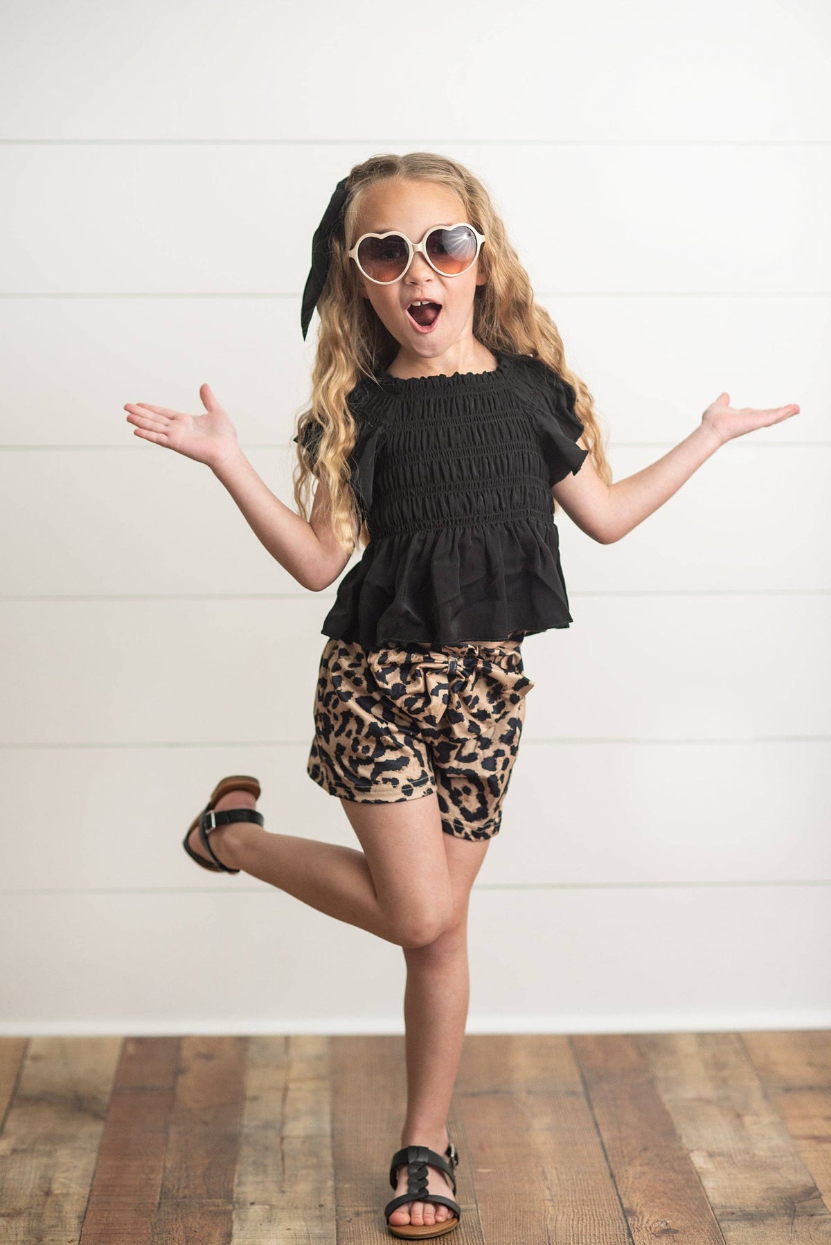 Girls Black Shirred Top & Leopard Print Bow Spring Short Set