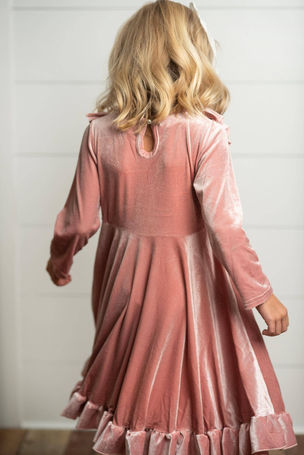 Kids Pink Velvet Ruffle Fancy Winter Christmas Holiday Dress