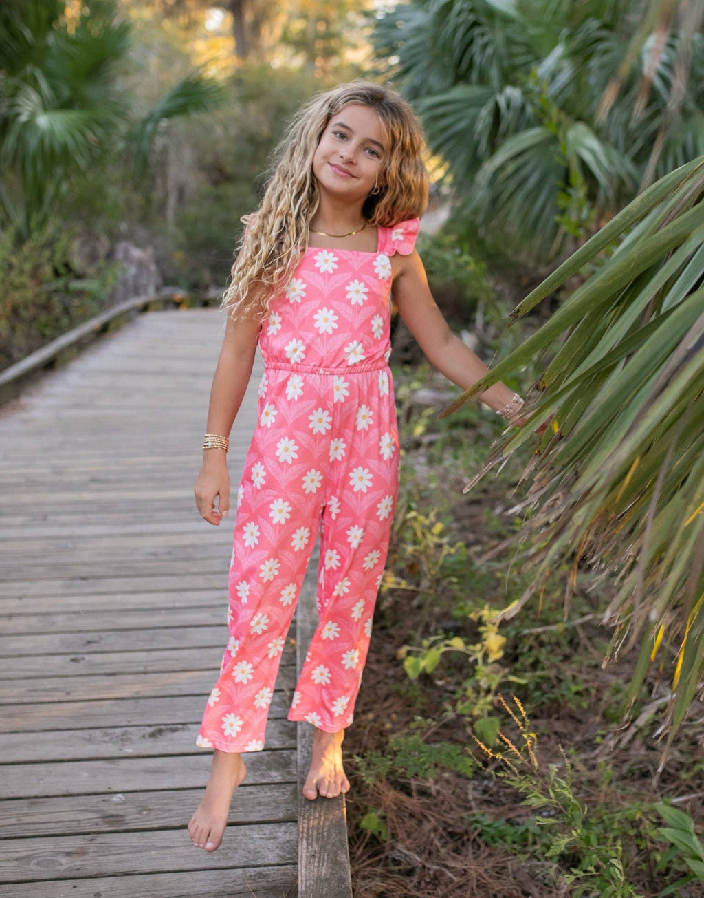 Girls Pink Amelia Daisy Flower Spring Summer Jumpsuit