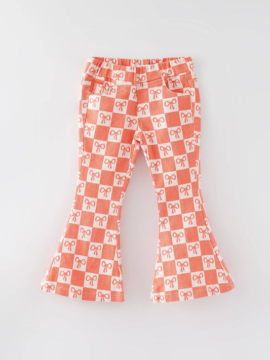 Girls Orange Bow Print Plaid Flared Jeans