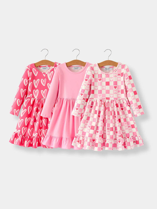 Valentine’s Day Girls Dress – Sweetheart Heart Print, Solid Pink, or Checker Bow Design
