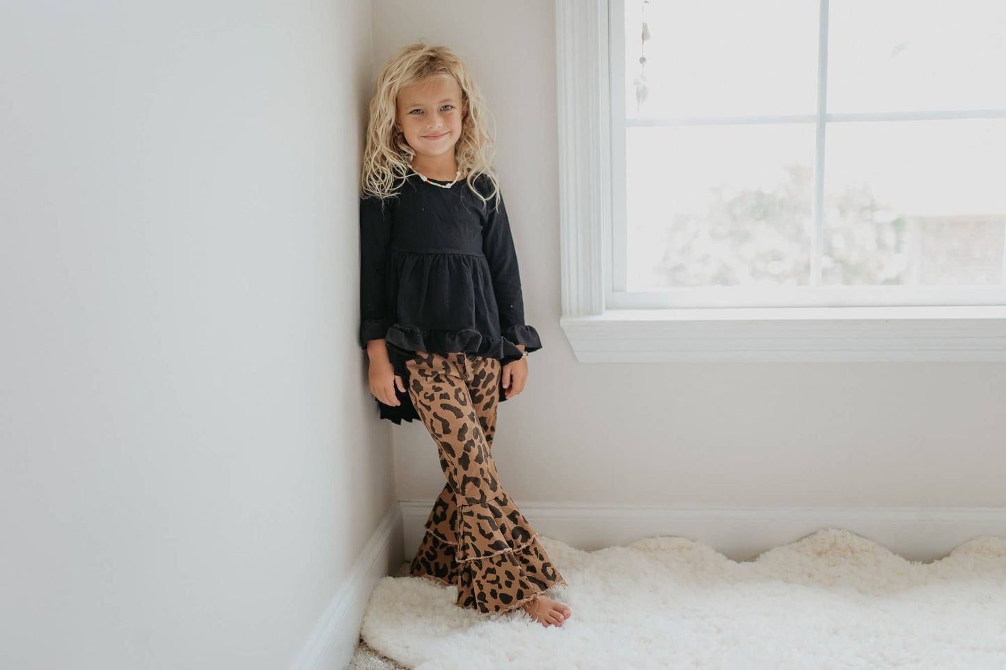 Kids Leopard Double Denim Ruffle Pant Jeans