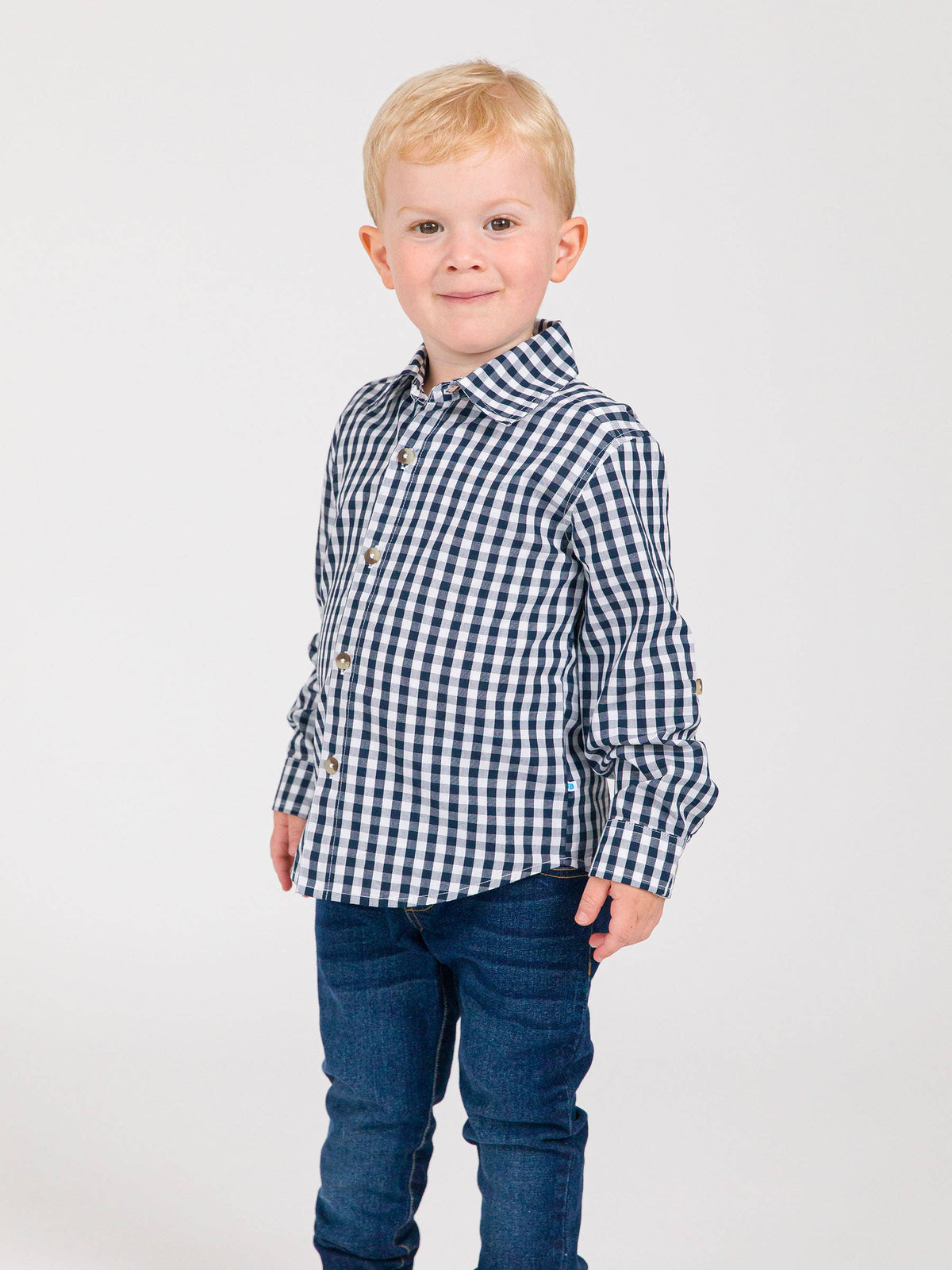 Boys Classic Dark Navy Gingham Long Sleeve Button Down Shirt