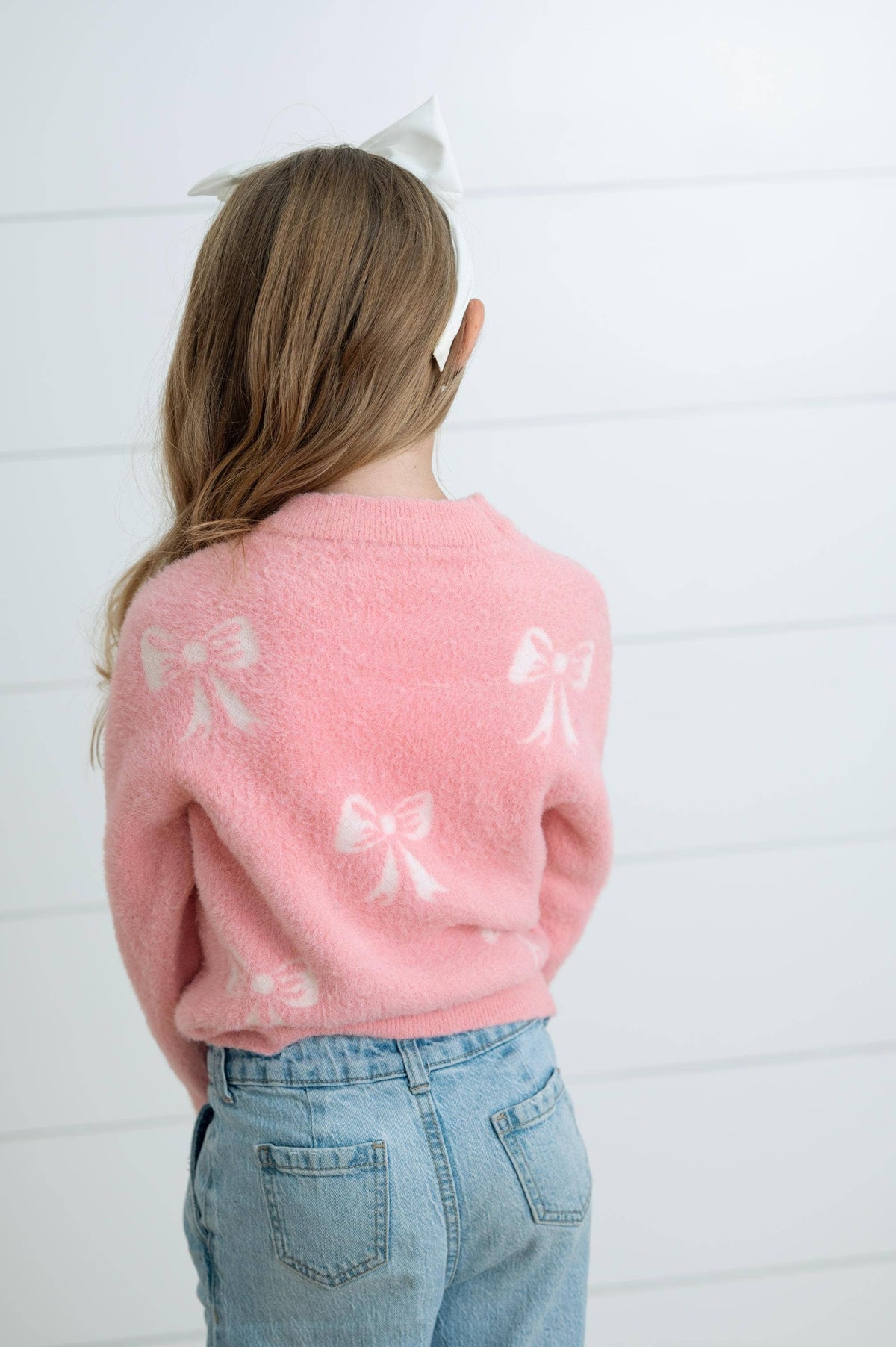 Girls Fall Winter Pink and White Bow Sweater