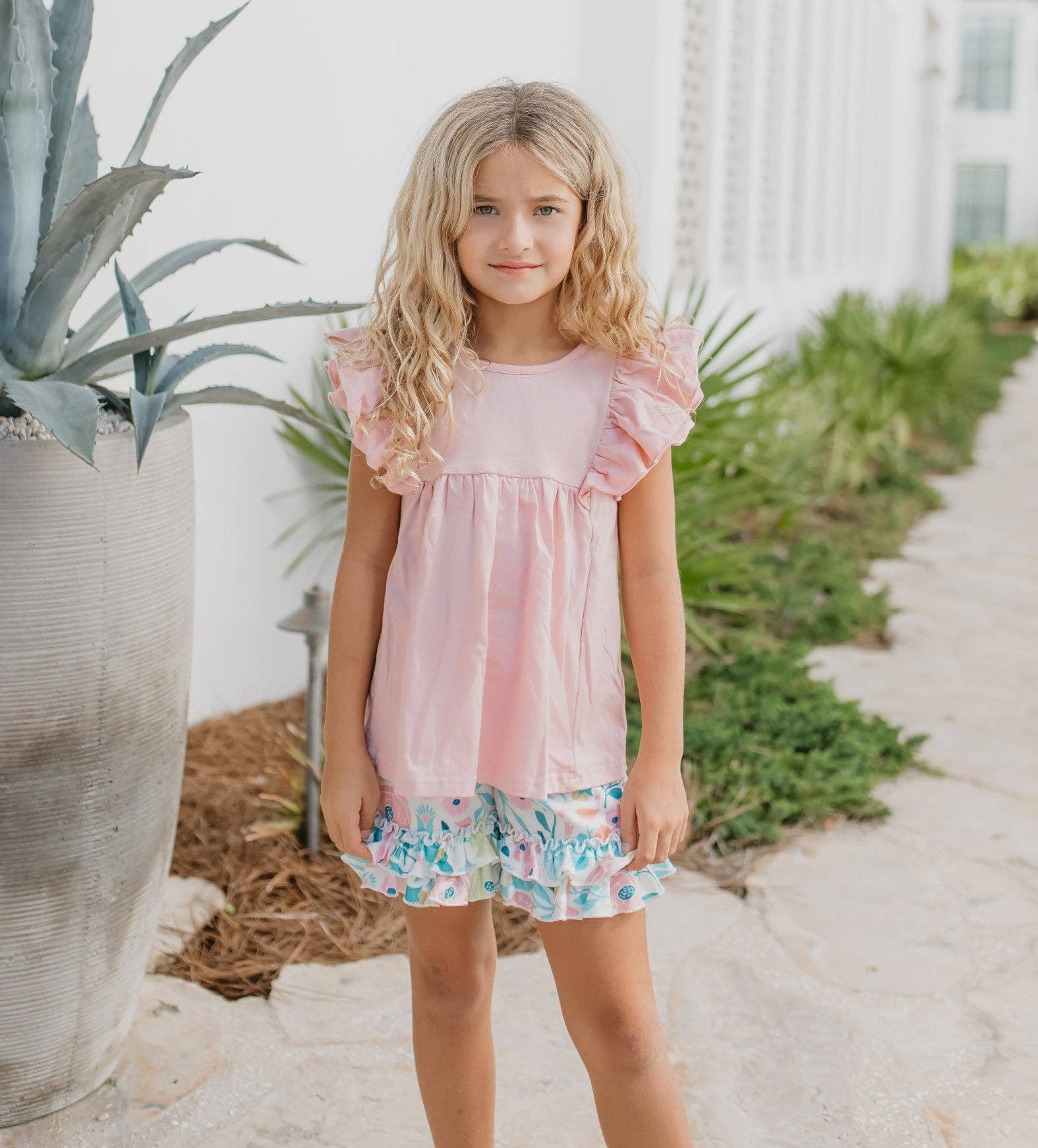 Girls Blush Pink Ruffles Pastel Spring Floral Short Set