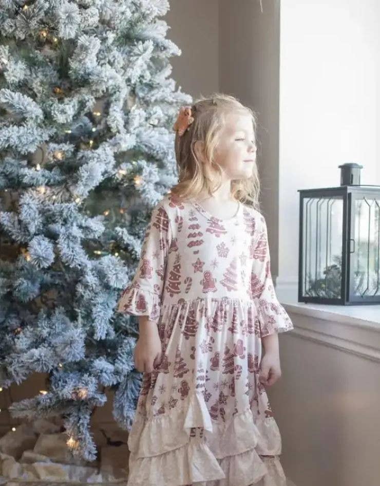 Christmas Girls Blush Gingerbread Long Ruffle Holiday Dress