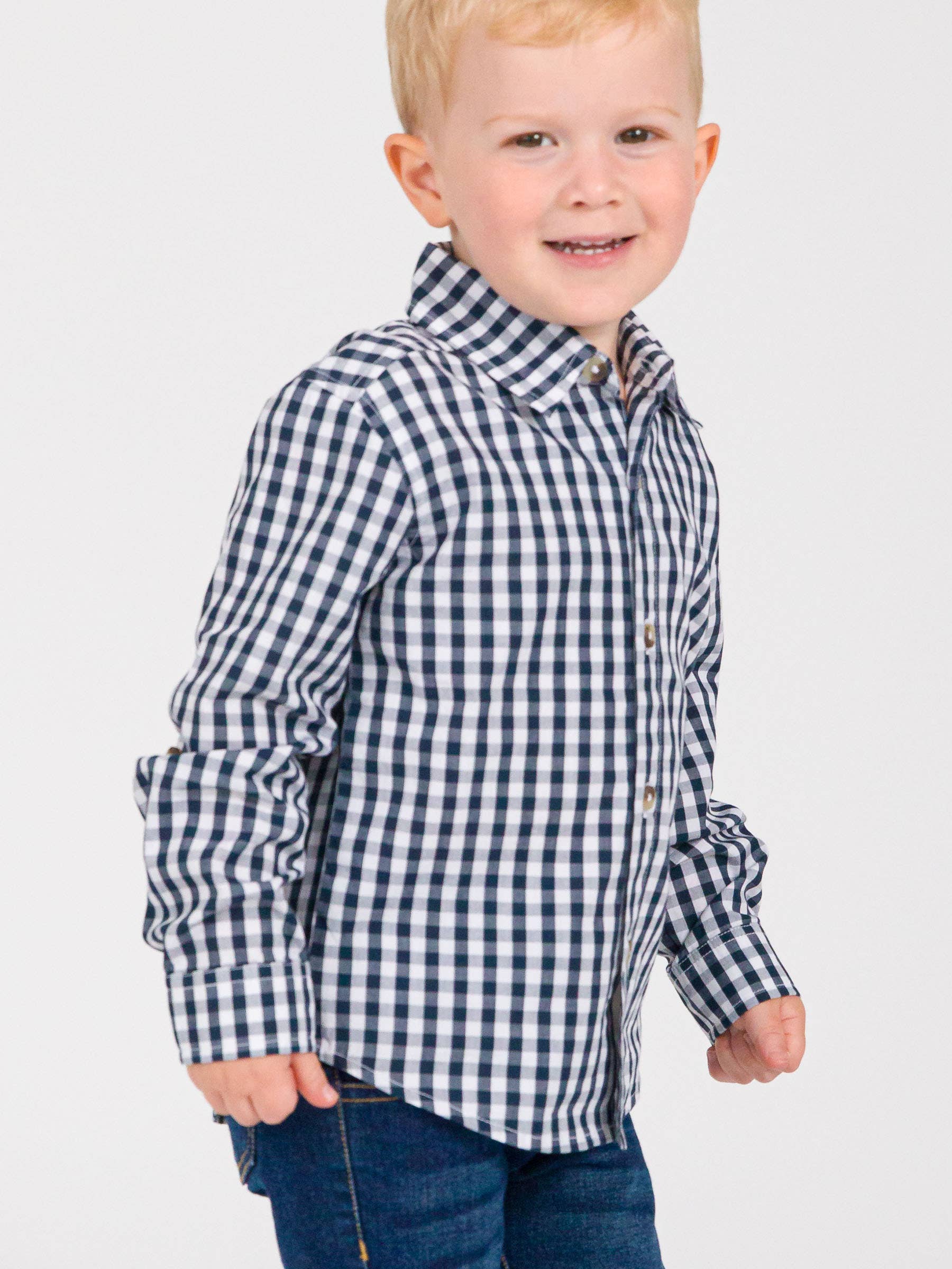 Boys Classic Dark Navy Gingham Long Sleeve Button Down Shirt