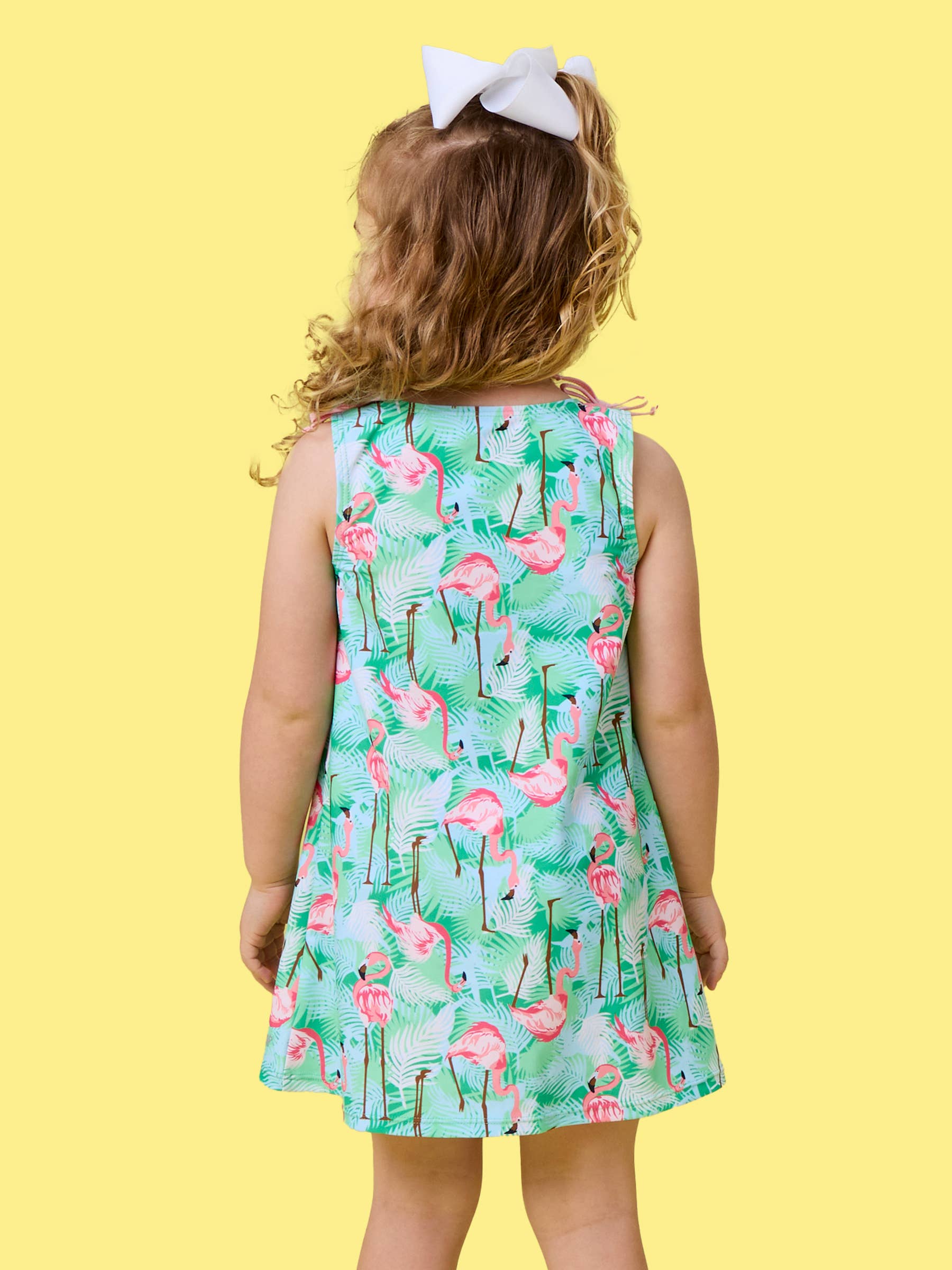 Girls Green Vibrant Flamingo Active A-Line Bow Dress & Bike Short Set