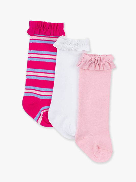 Girls Very Berry & Periwinkle Stripe, Pink, and White 3-Pack Knee High Ruffle Socks