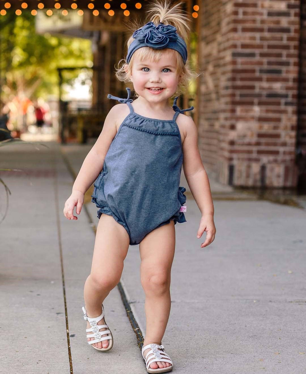 Baby Girls Faux Denim Pom Pom Bubble Romper