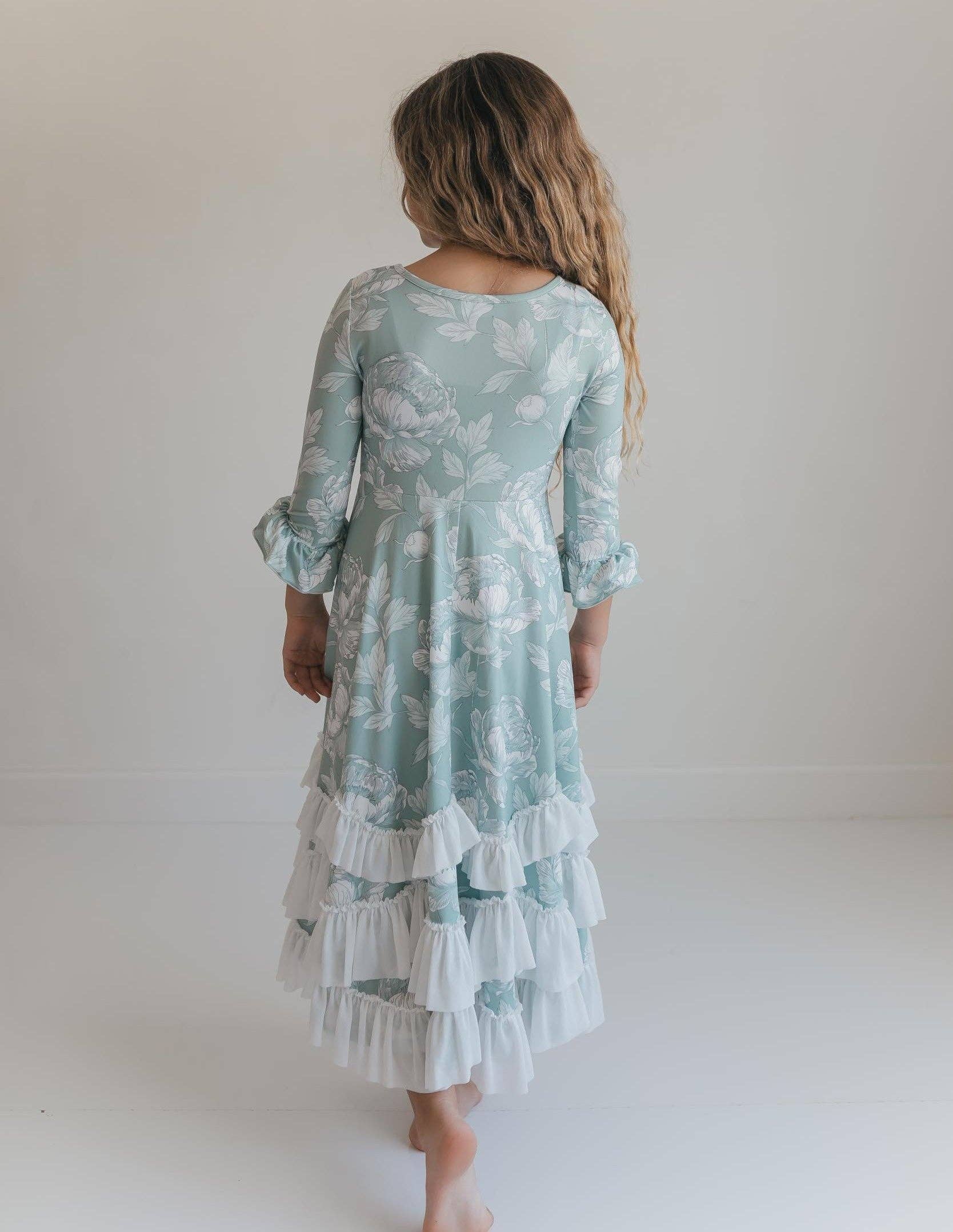 Girls Bella Soft Sage & Winter White Twirl Ruffles Dress