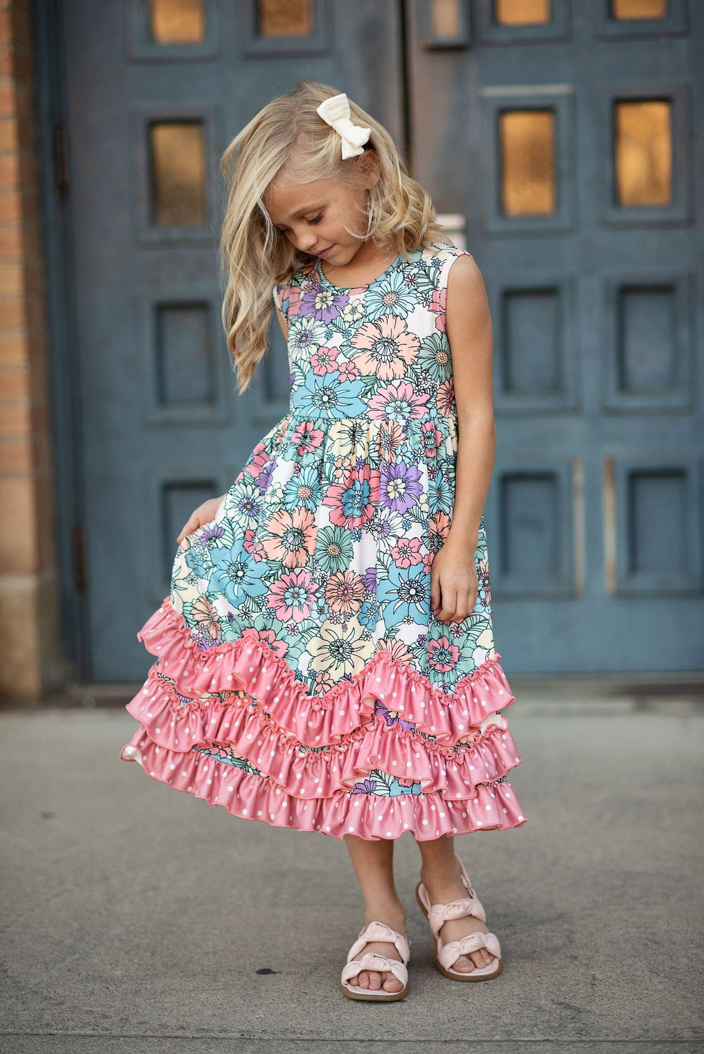 Girls Pastel Pink Floral 3 Ruffle Spring Summer Easter Dress