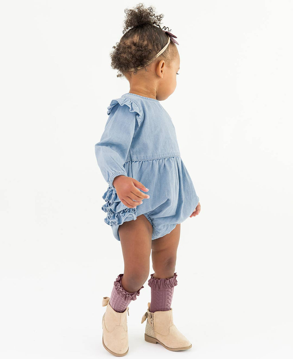 Baby Girls Light Wash Long Sleeve Flutter Bubble Romper