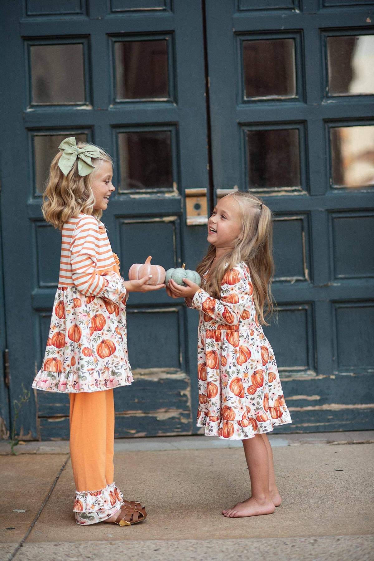 Kids Pumpkin Stripe Ruffle Rosette Two Piece Fall Pant Set