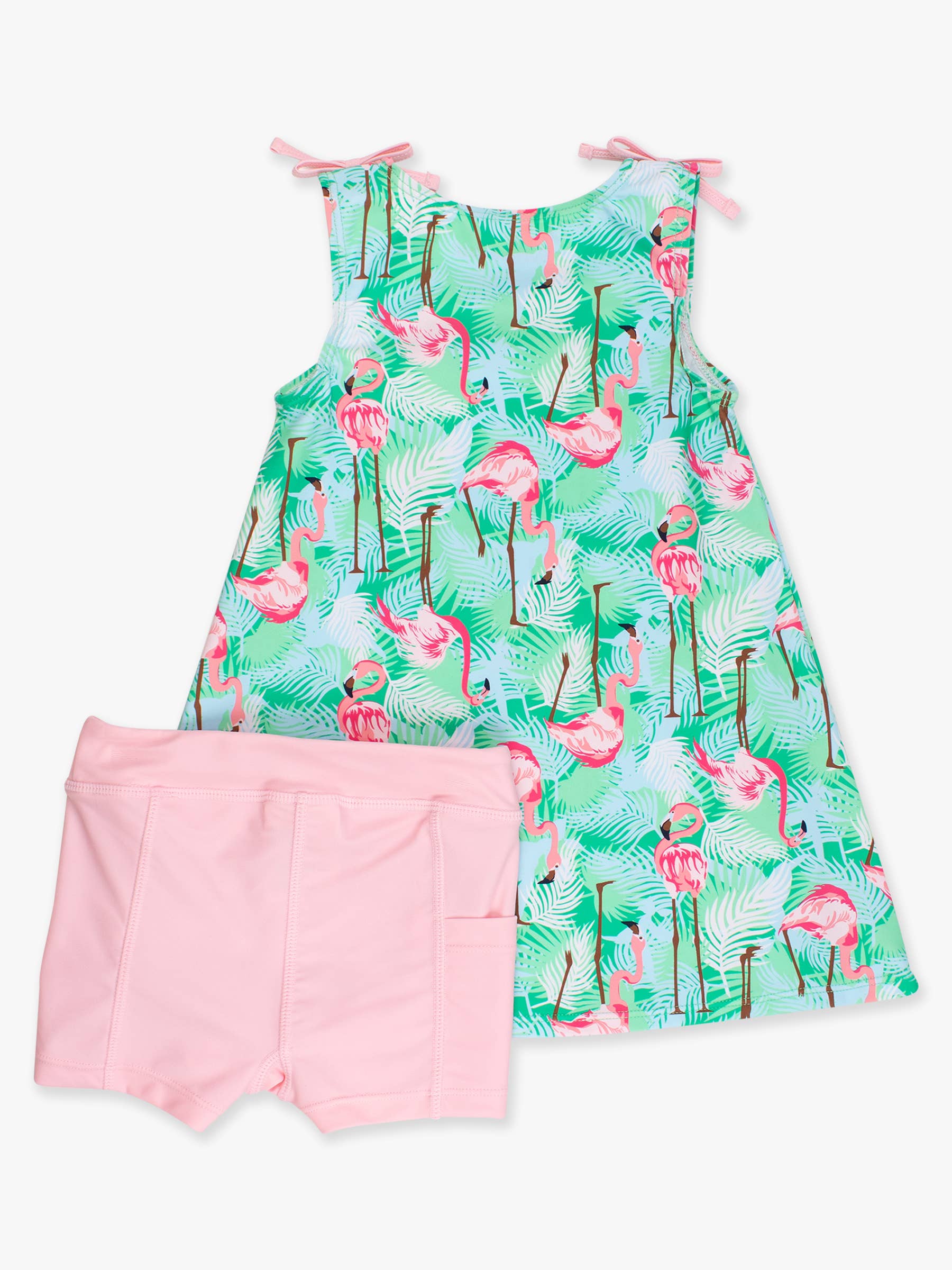 Girls Green Vibrant Flamingo Active A-Line Bow Dress & Bike Short Set
