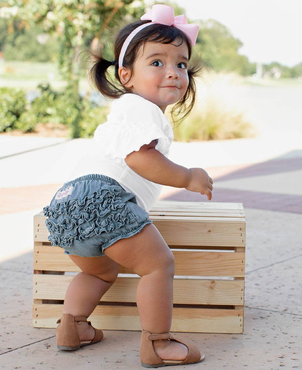 Baby Girls Light Wash Woven RuffleButt Bloomer