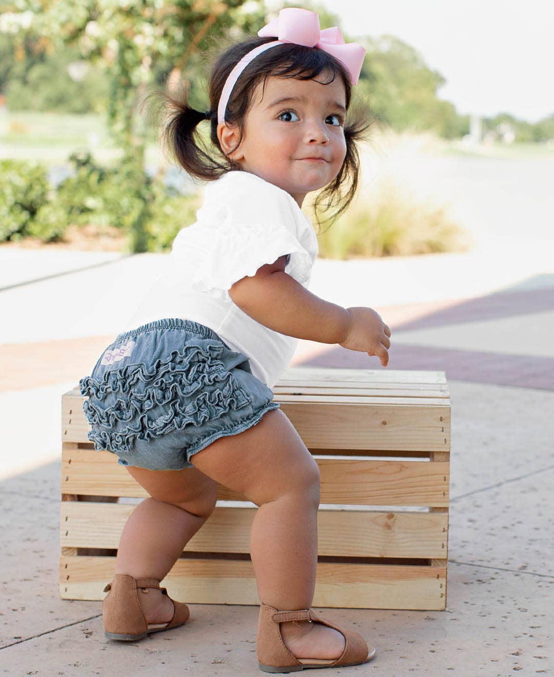 Baby Girls Light Wash Woven RuffleButt Bloomer