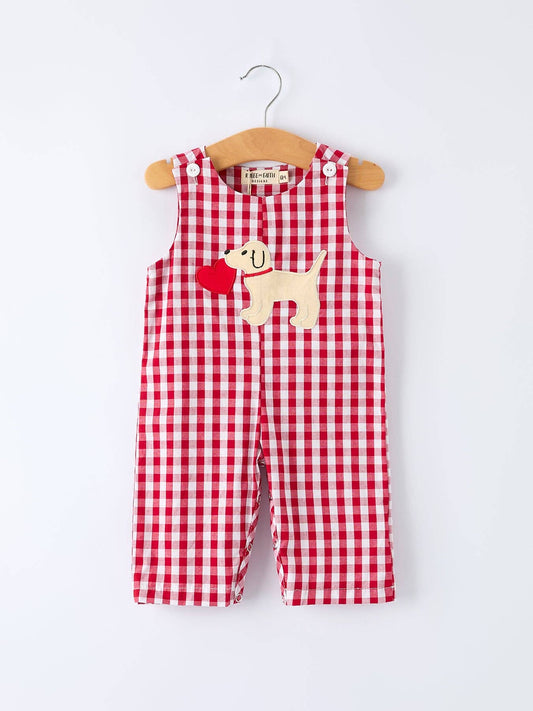 Valentine Red Plaid Boys Romper with Applique Heart Dog Detail