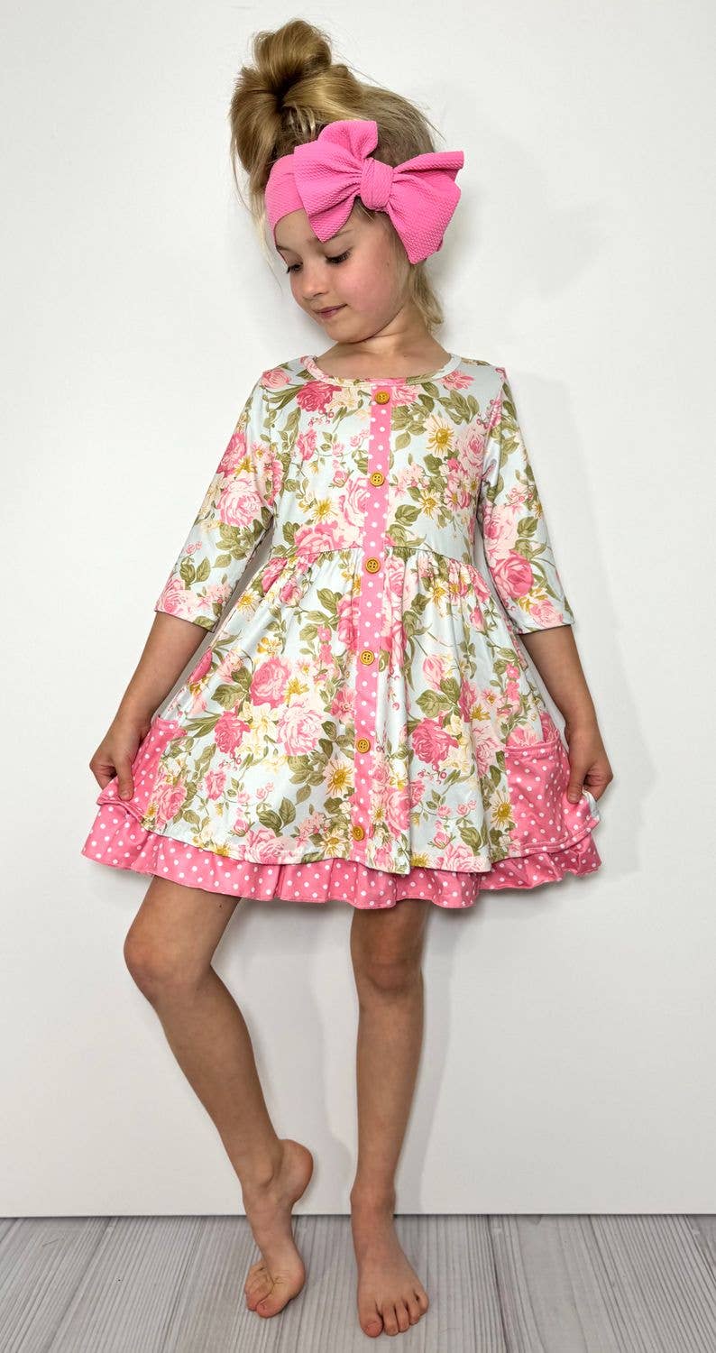Antique Rose Girls Dress 3/4 Sleeve