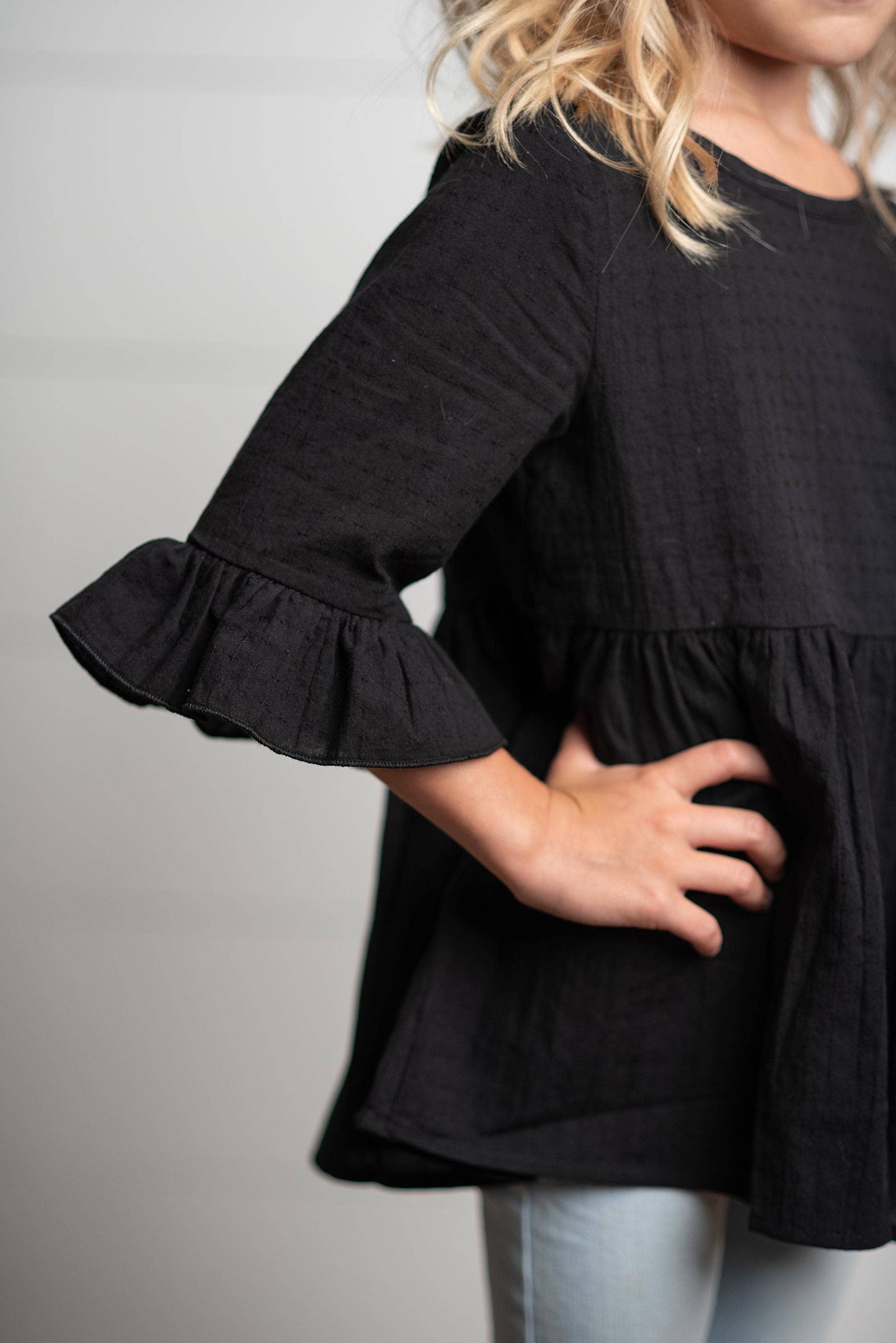 Kids Black Ruffle Long Sleeve Winter Shirt With Buttons