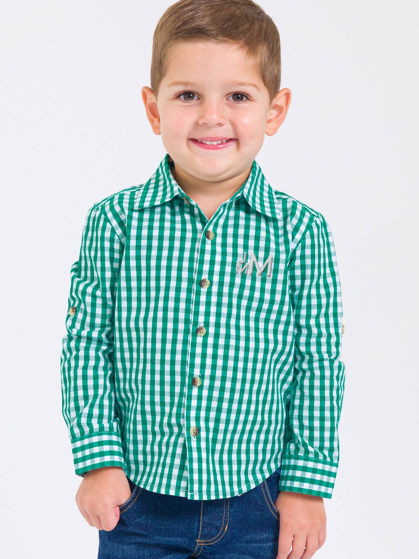 Boys Classic Emerald Green Gingham Long Sleeve Button Down Shirt