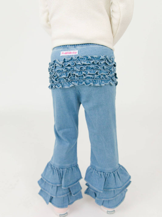 Toddler Girls Light Wash Denim Ruffle Flare Pants with Signature Rear Ruffles