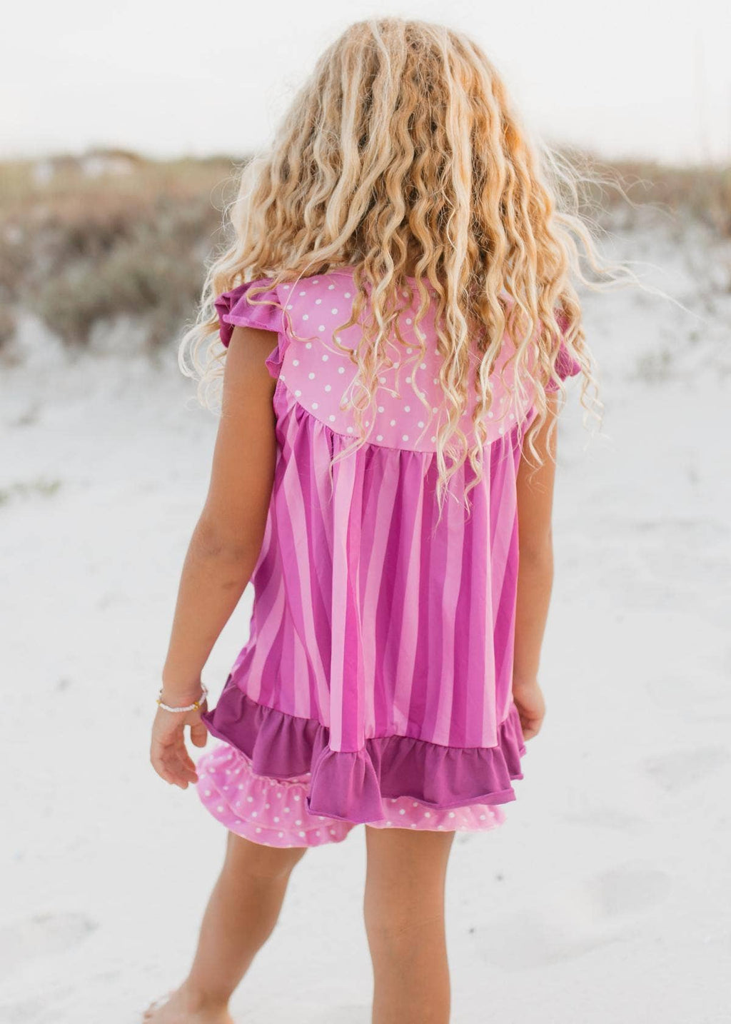 Kids Pink Purple Polka Dot Spring Ruffle Pocket Short Set