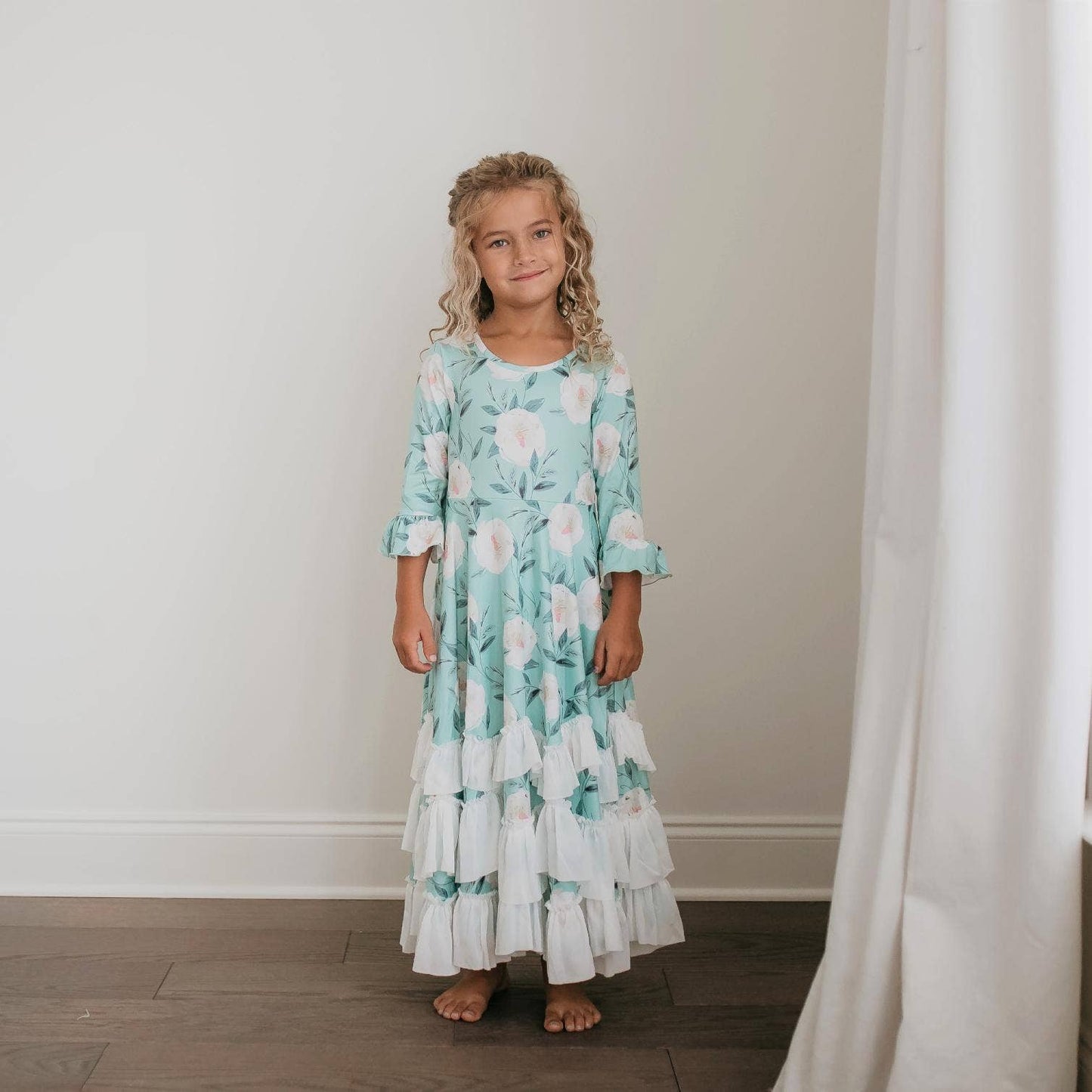 Kids Winter Mint Floral Long Sleeve Fall Ruffles Dress