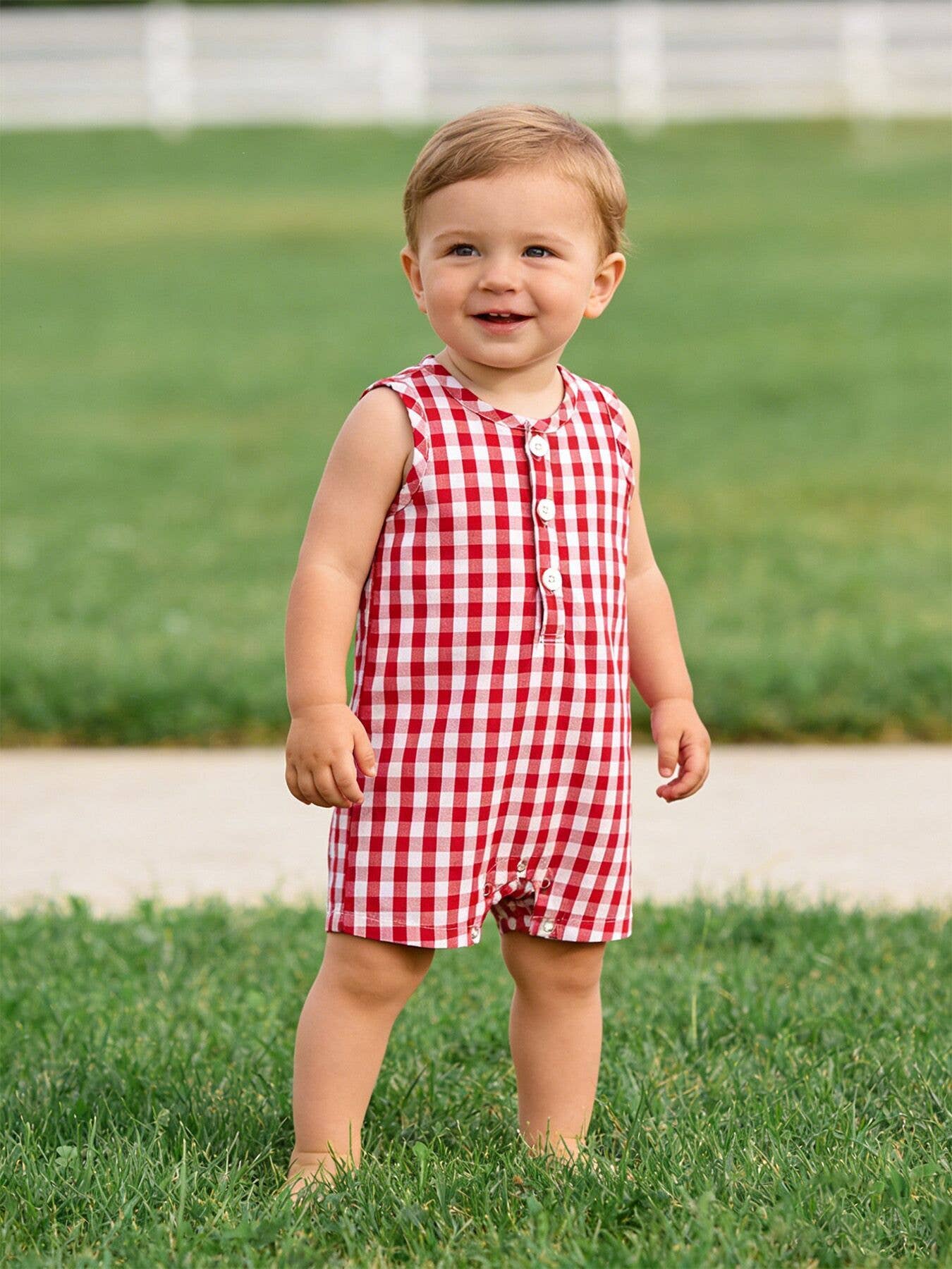 Summer Plaid Smocked Ruffle Boys Romper Sibling Outfits