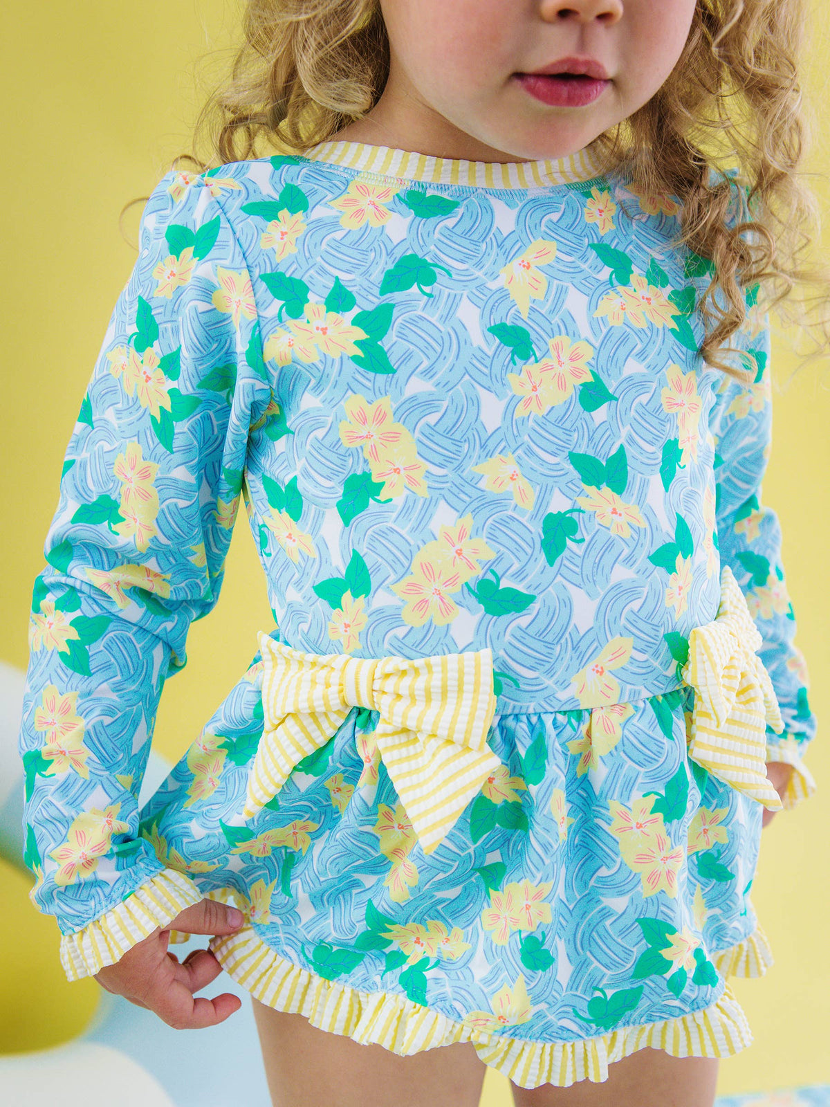 Girls Blooming Basket Long Sleeve One Piece Bow Peplum Rash Guard Swimsuit