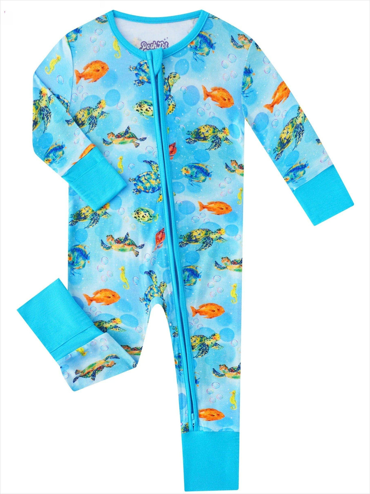 PoshTOT Sea Turtle Bamboo Baby Convertible Zippy Romper