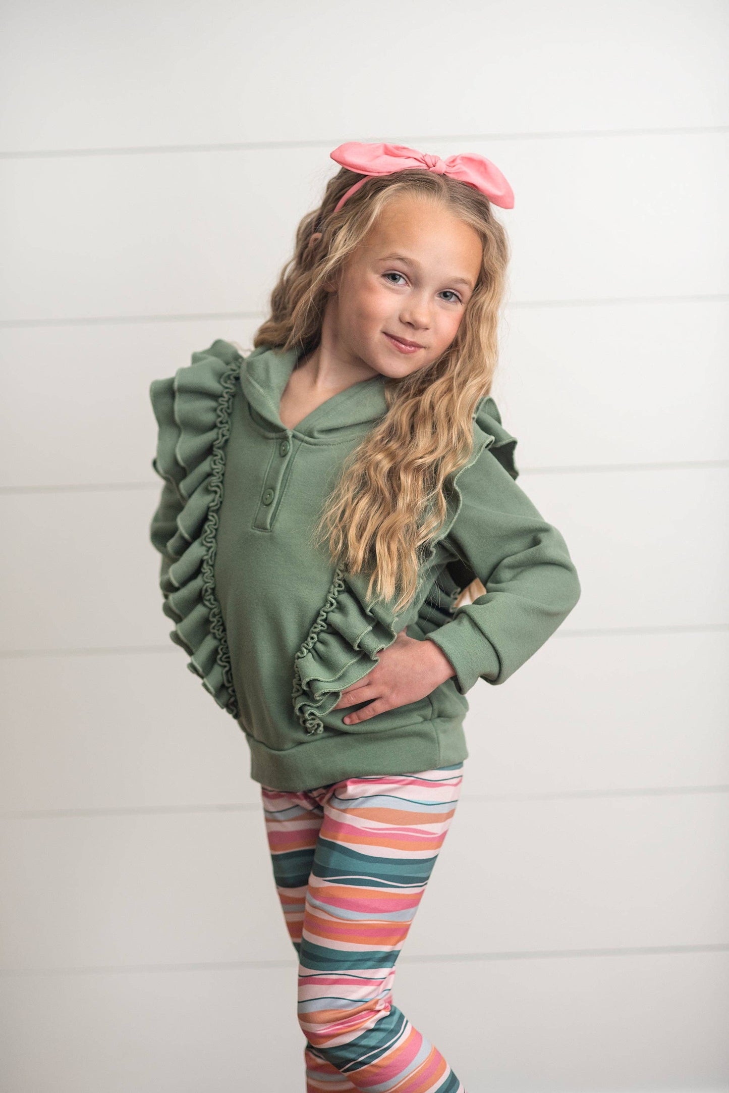 Kids Sage Double Ruffle Button Hoodie & Stripe Leggings Set