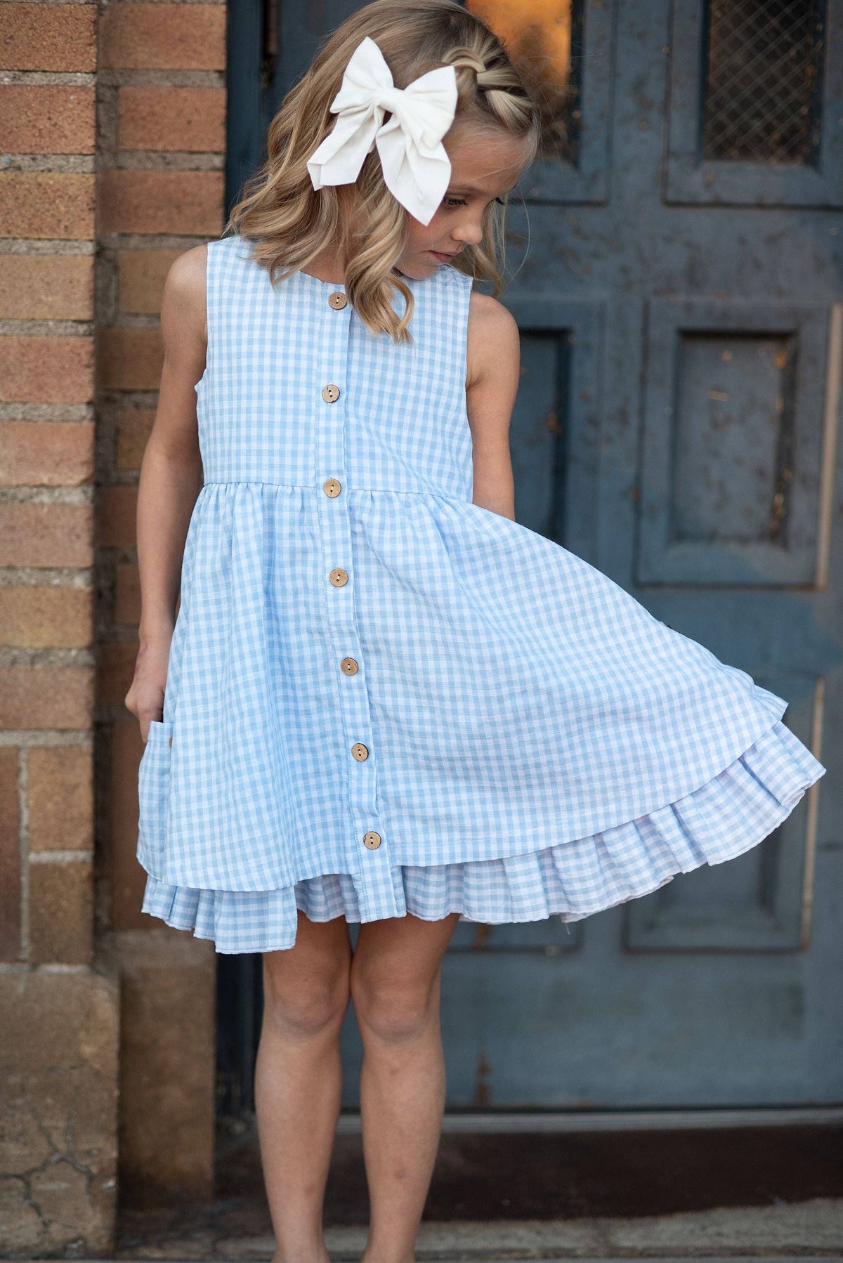 Kids Blue & White Gingham Check Pocket Ruffle Summer Dress