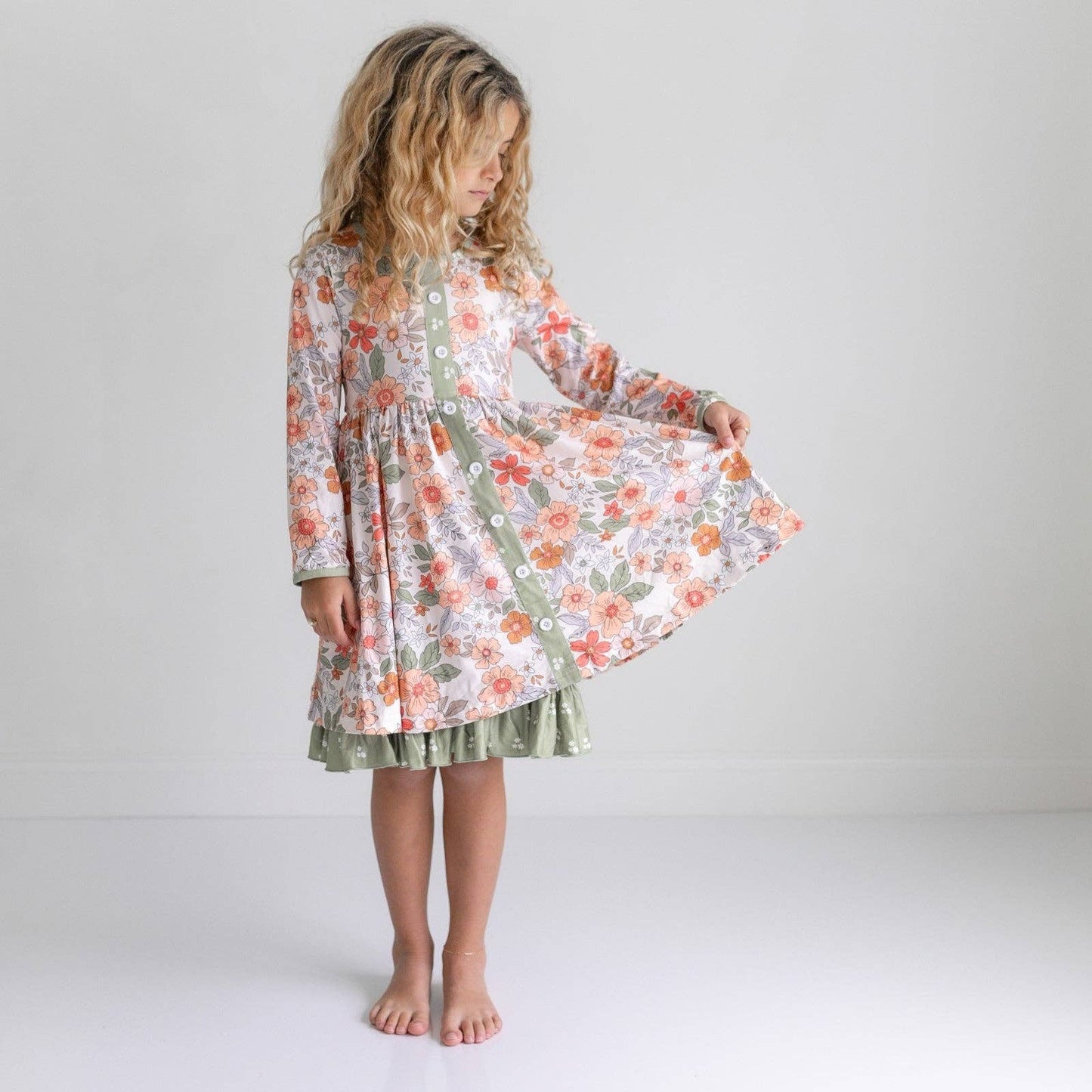 Kids Sage & Rust Fall Floral Button Dress With Pockets