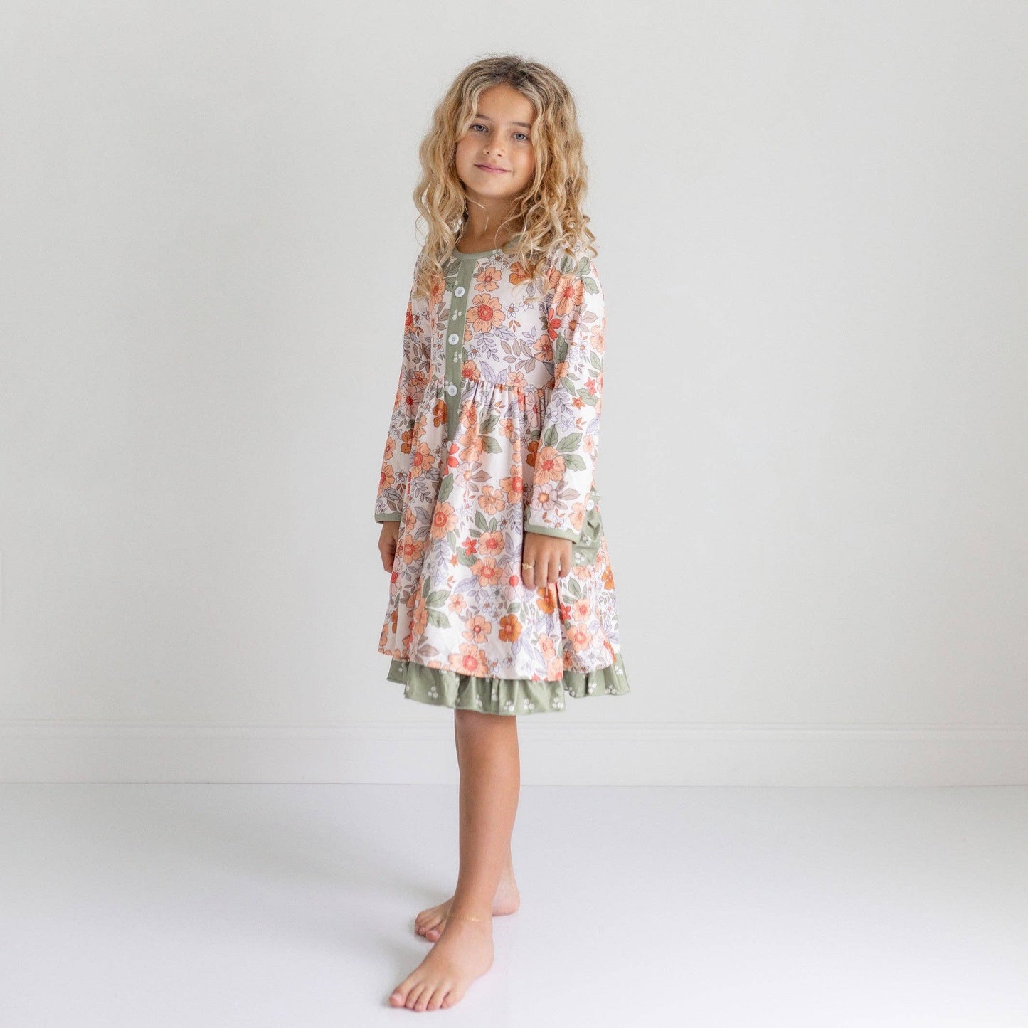 Kids Sage & Rust Fall Floral Button Dress With Pockets